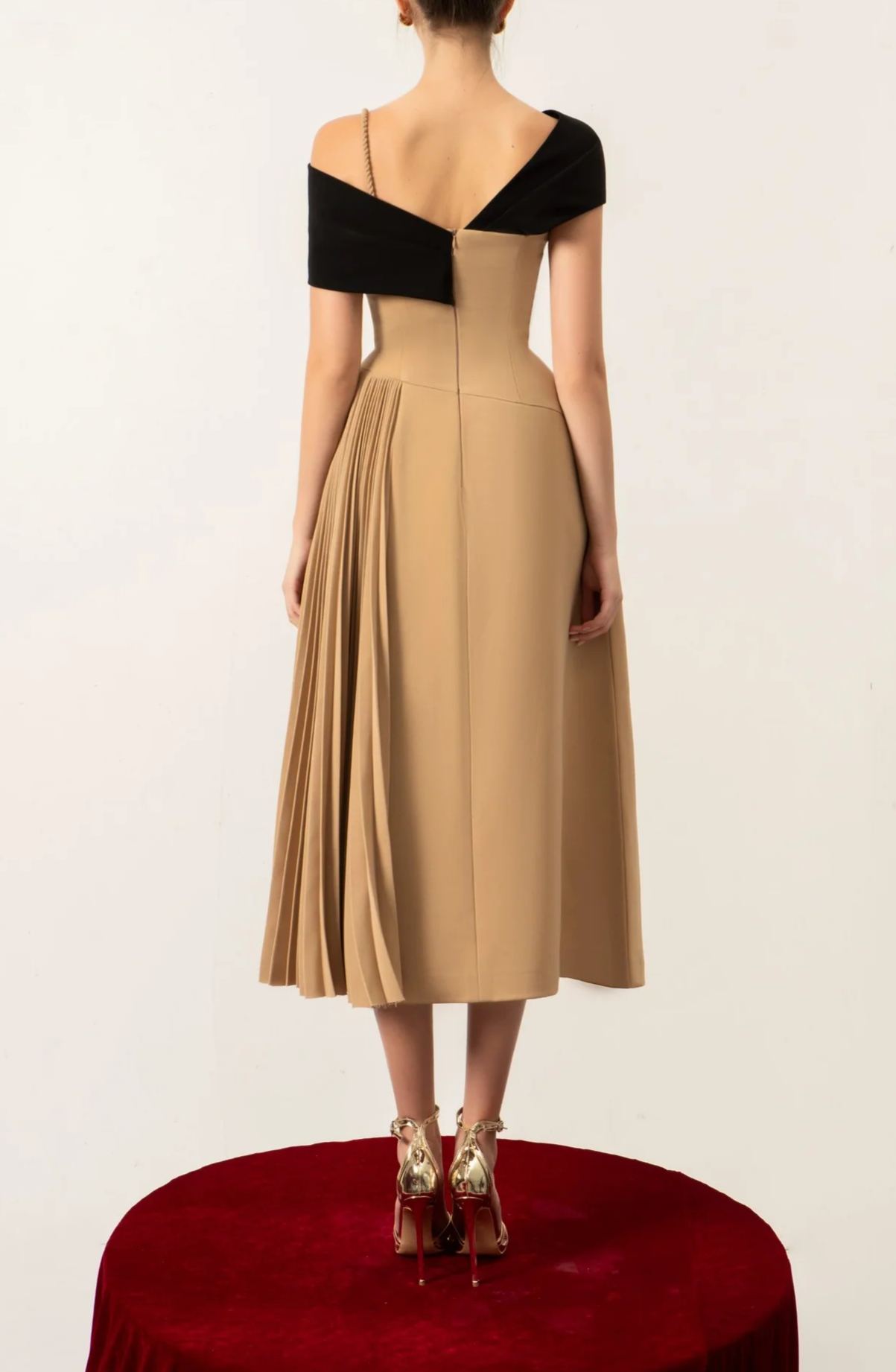 Djene Asymmetric Colorblock Pleated Midi Dress