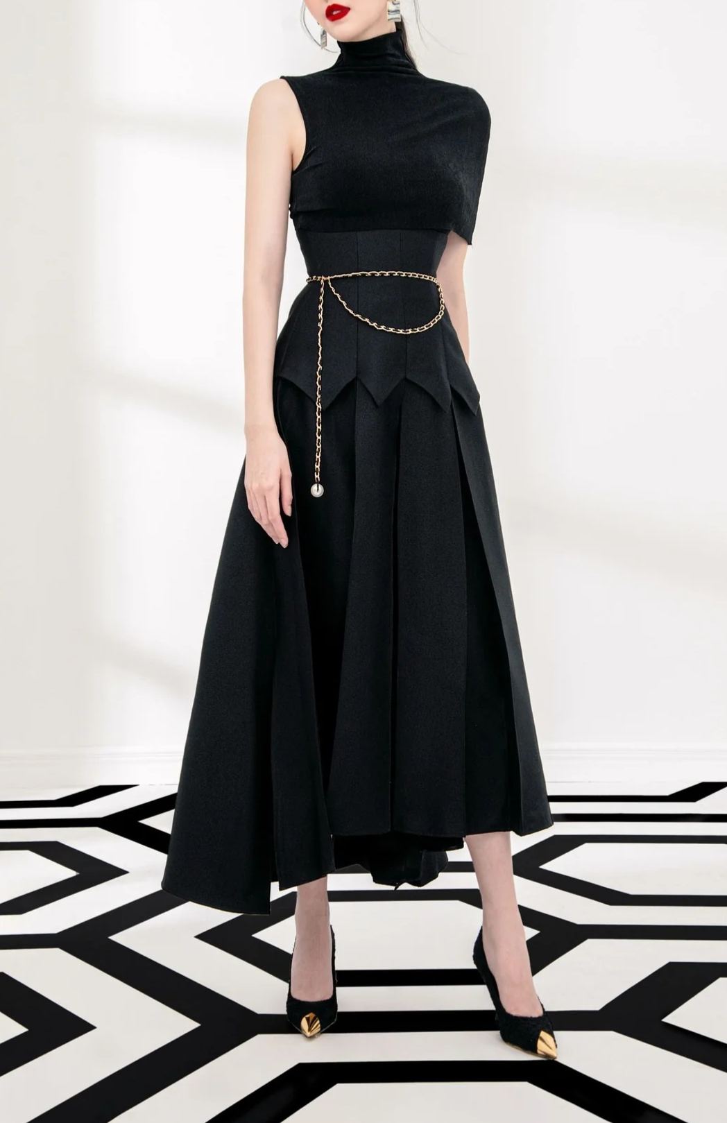 Minivestido Black Asymmetrical Shawl Layered Midi Dress