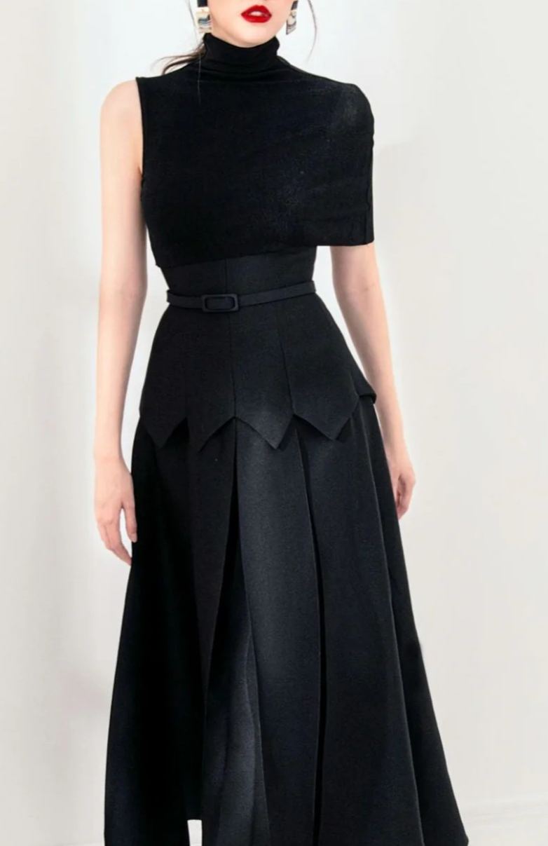 Minivestido Black Asymmetrical Shawl Layered Midi Dress
