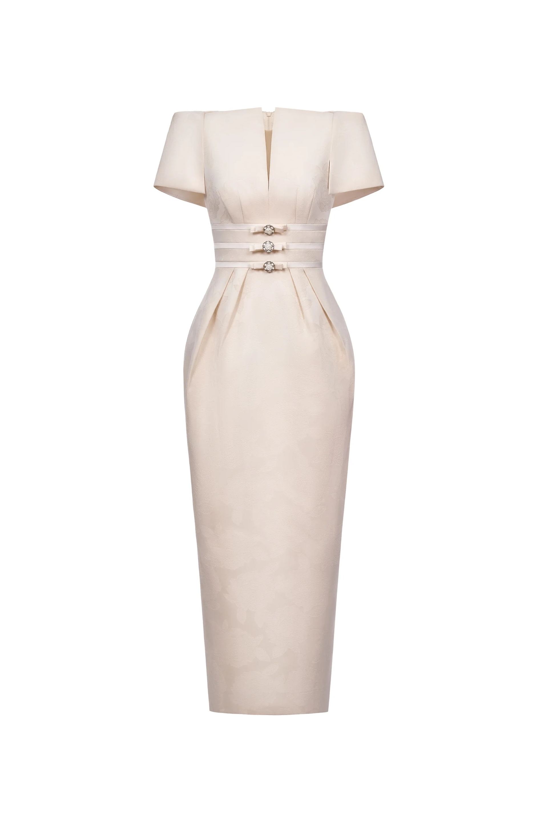 Antoinette Neutral Floral Jacquard Bowknot Midi Dress