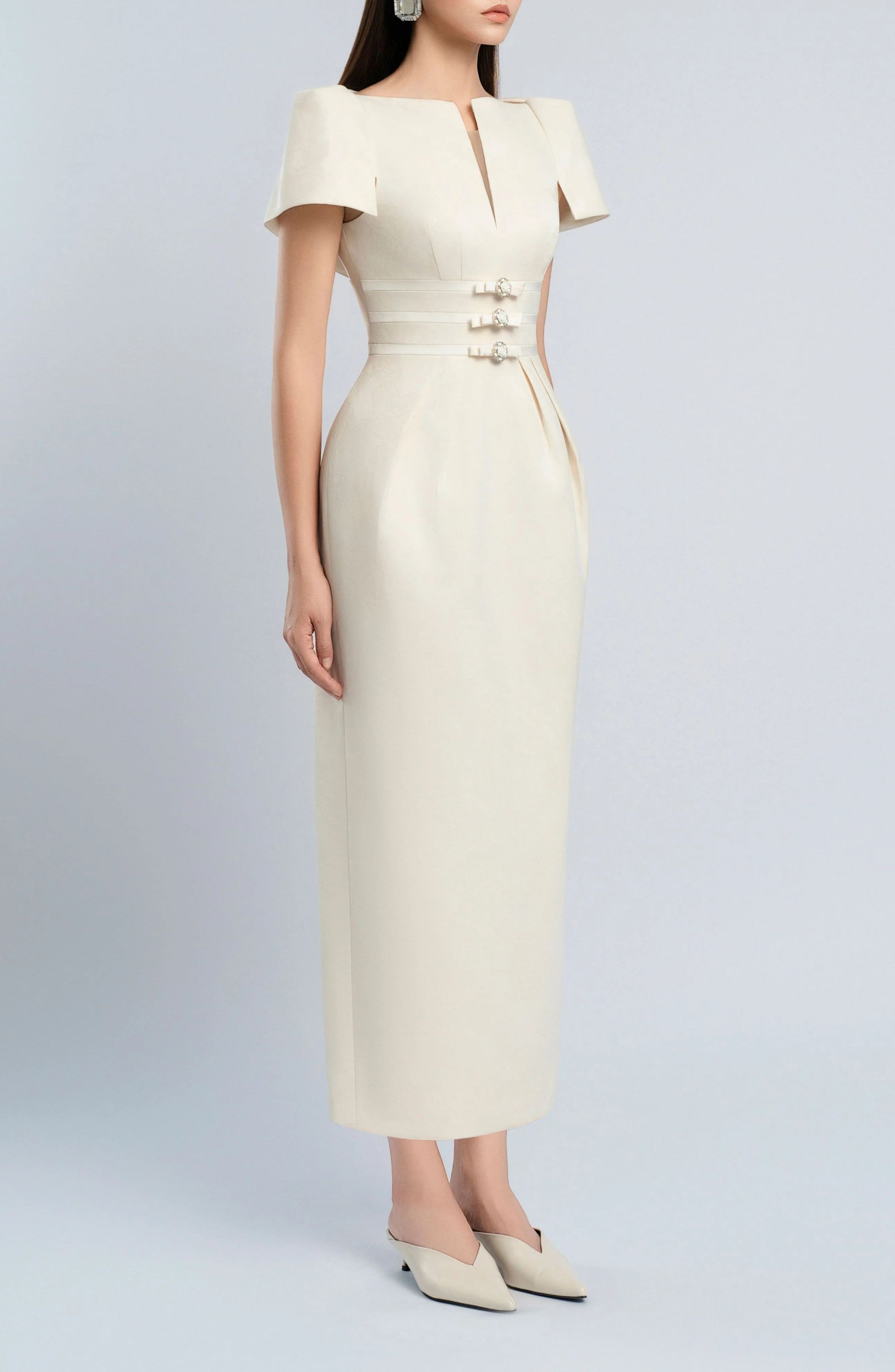 Antoinette Neutral Floral Jacquard Bowknot Midi Dress