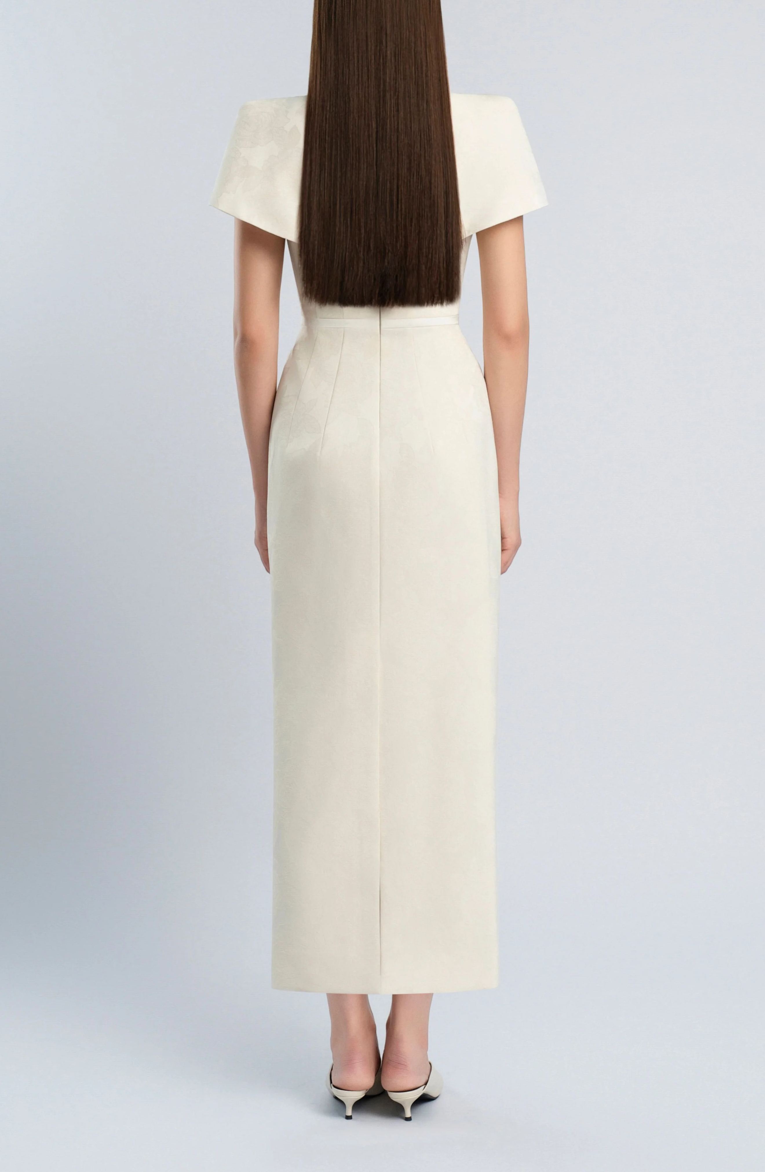 Antoinette Neutral Floral Jacquard Bowknot Midi Dress