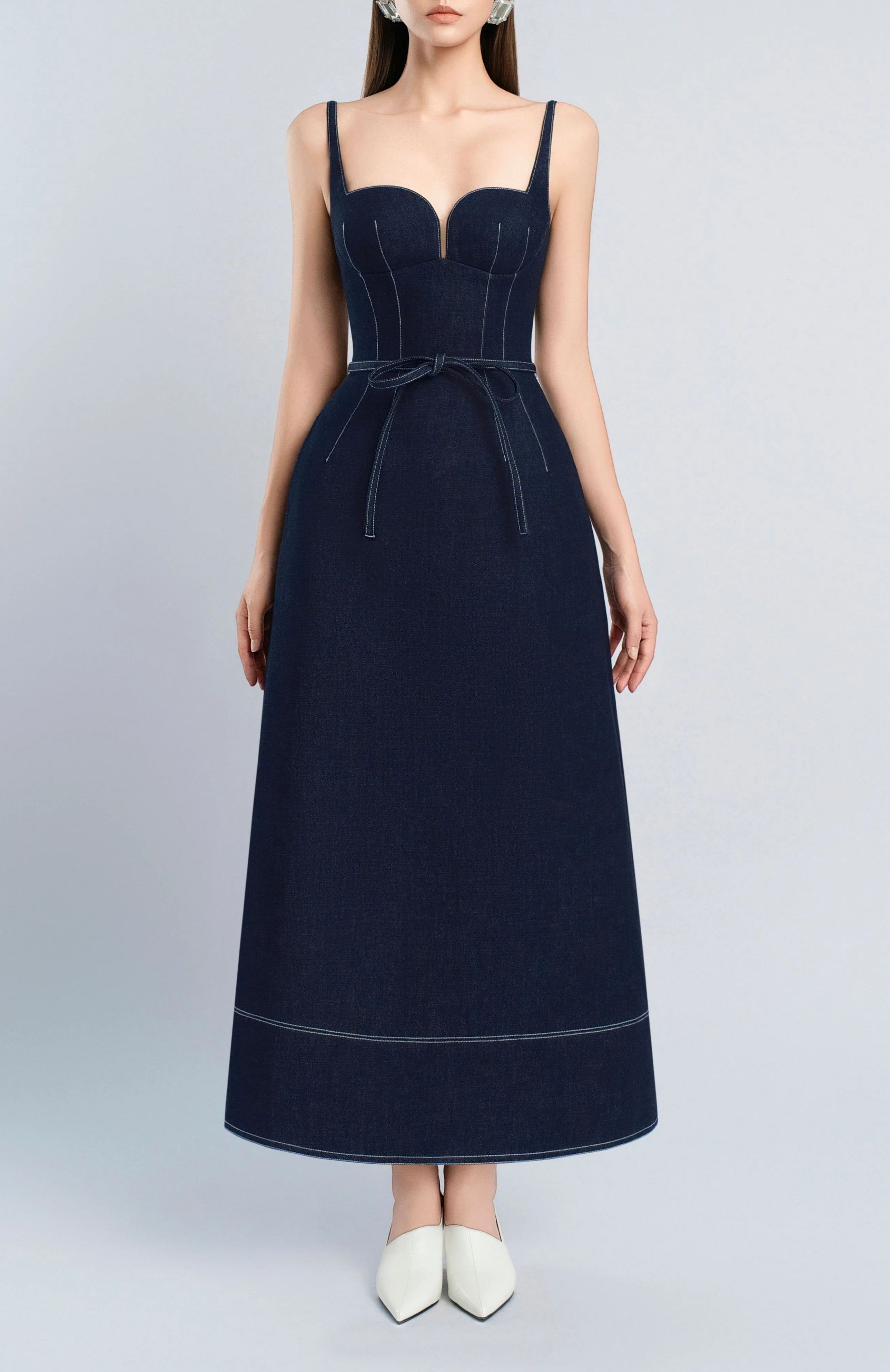 Champagne Bow Belted Denim Maxi Dress