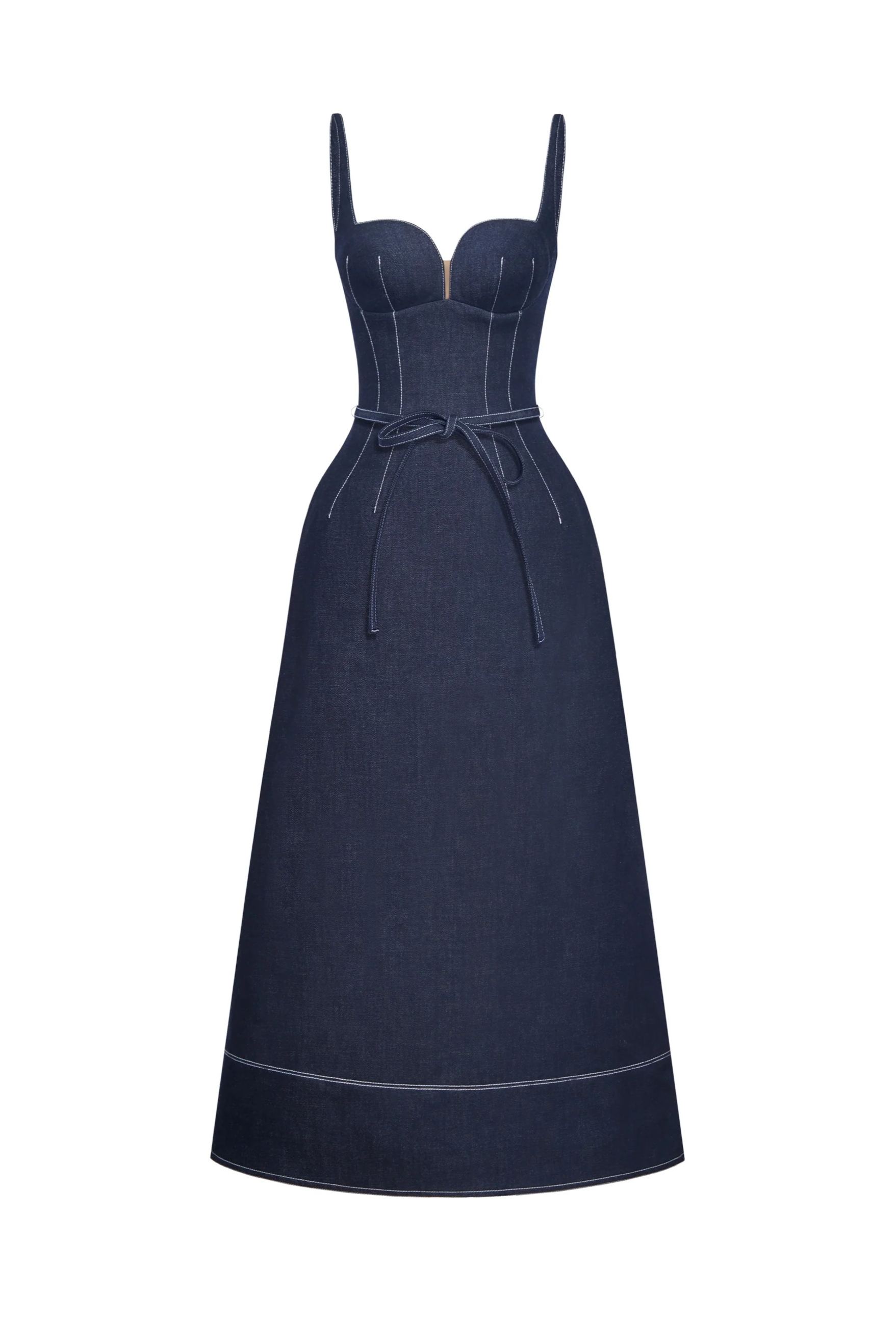 Champagne Bow Belted Denim Maxi Dress