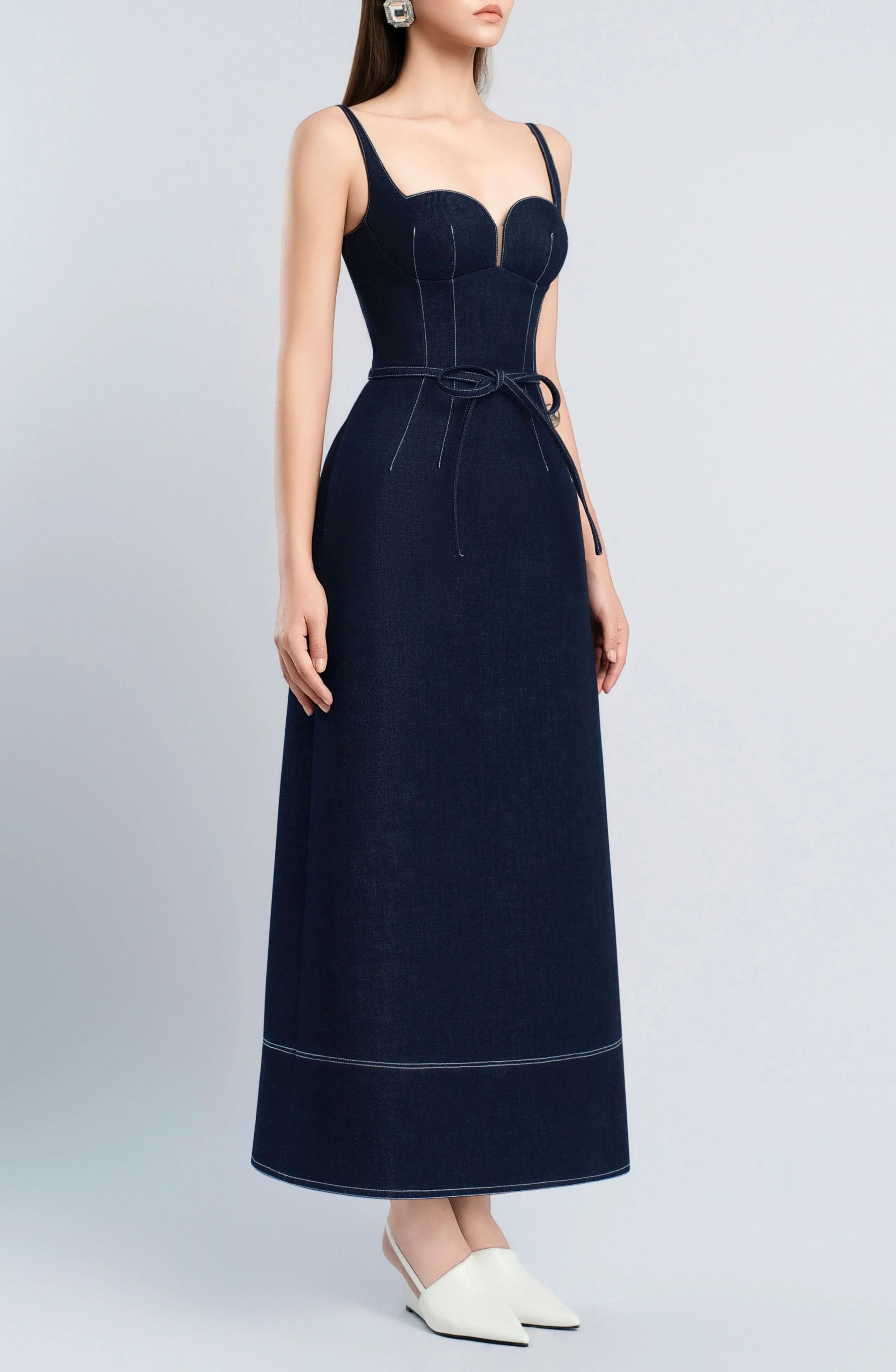 Champagne Bow Belted Denim Maxi Dress