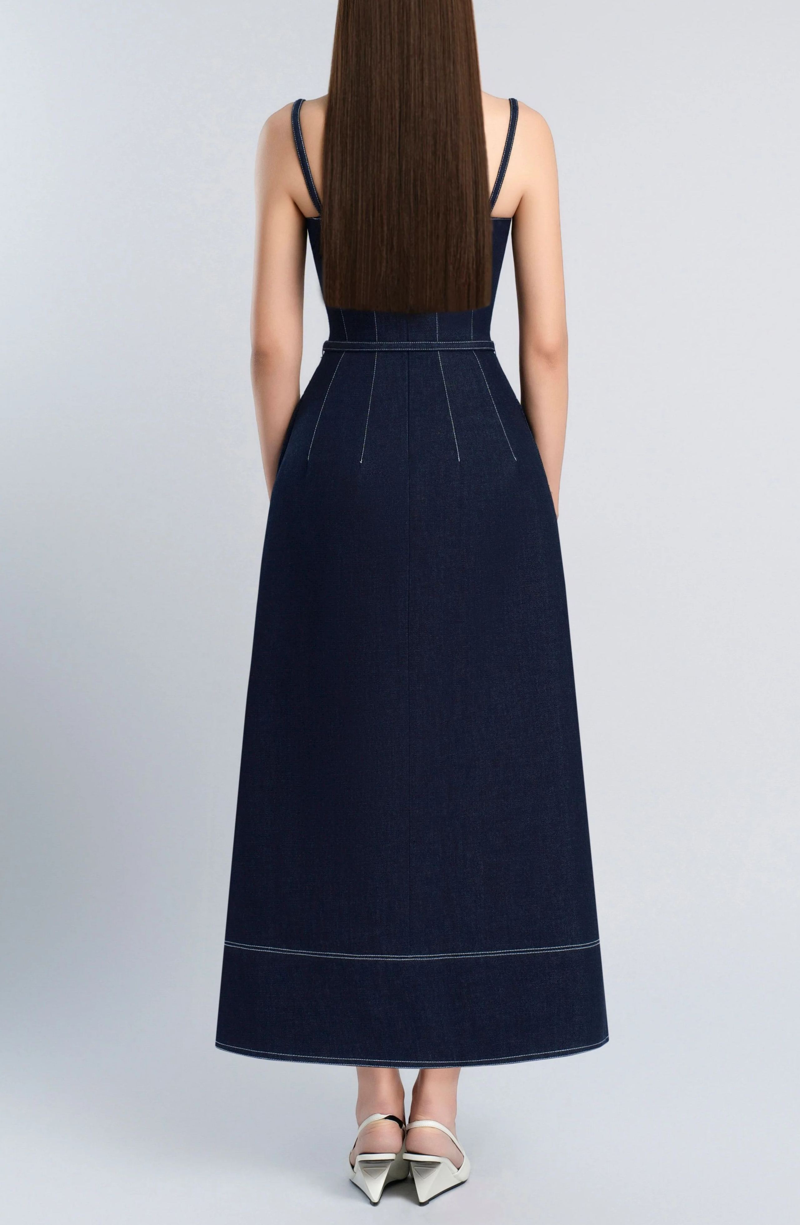 Champagne Bow Belted Denim Maxi Dress
