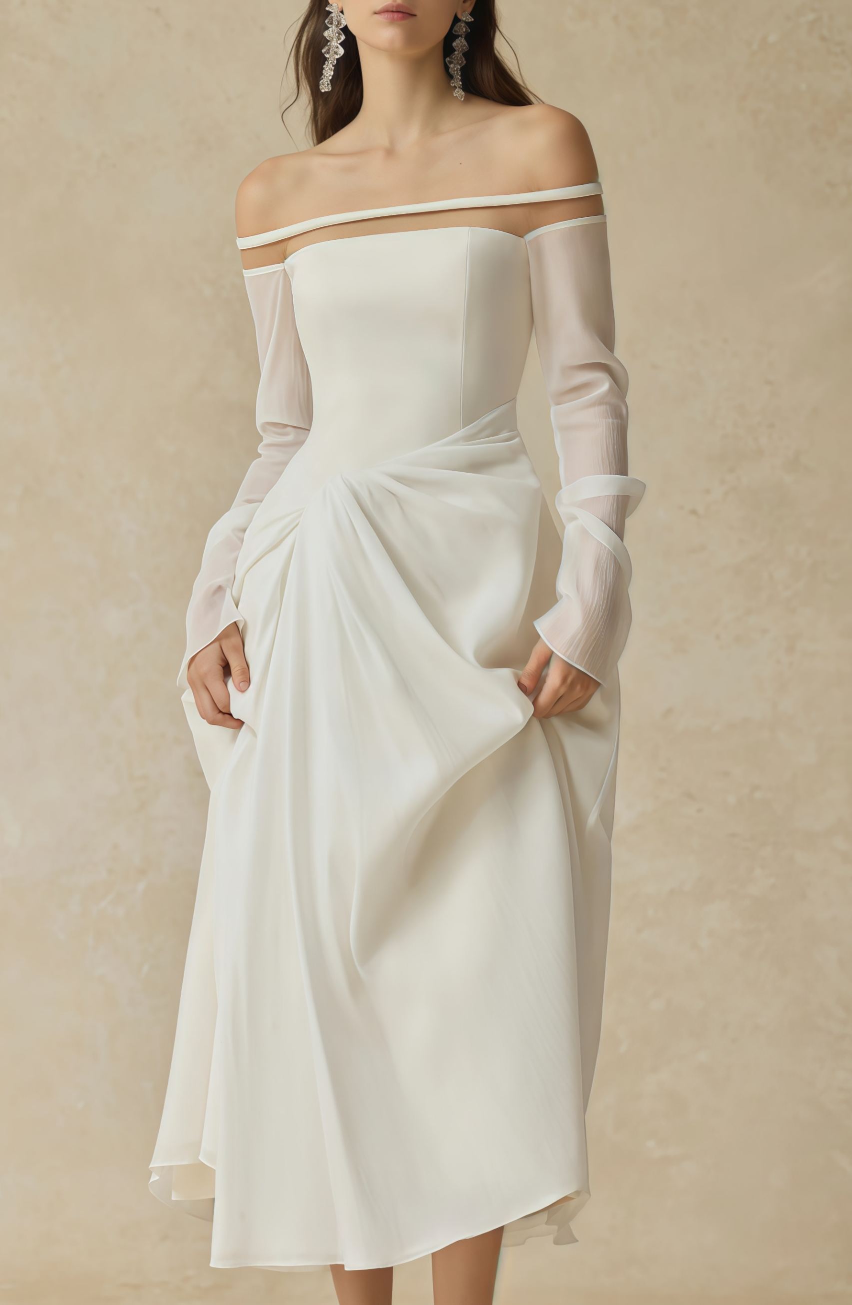 Intemporelle White Gathered Crepe Midi Dress
