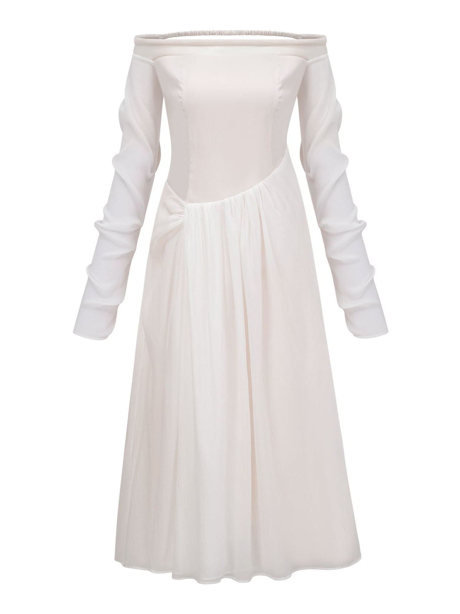 Intemporelle White Gathered Crepe Midi Dress