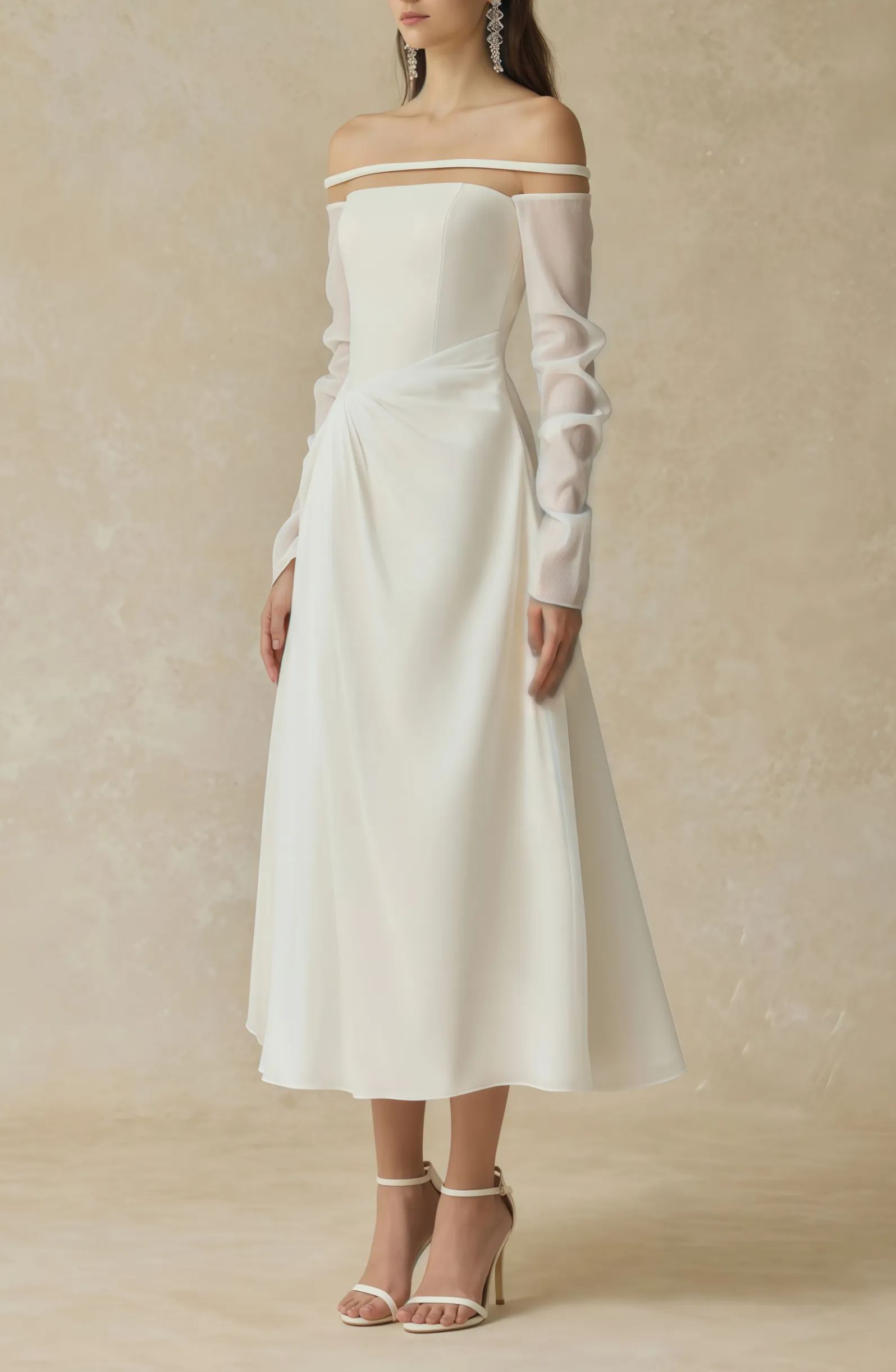 Intemporelle White Gathered Crepe Midi Dress