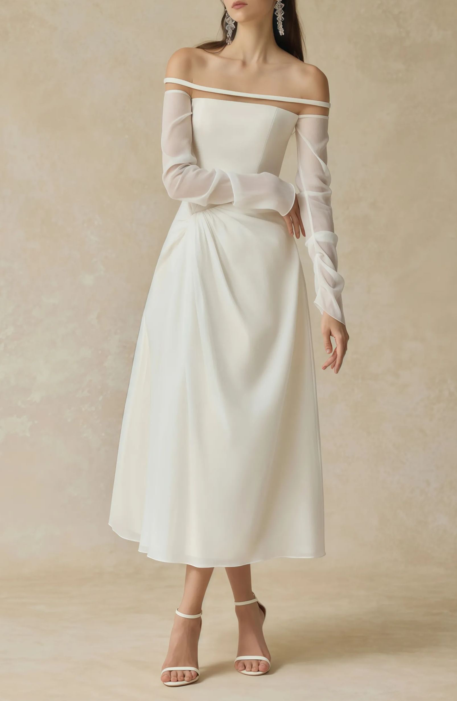 Intemporelle White Gathered Crepe Midi Dress