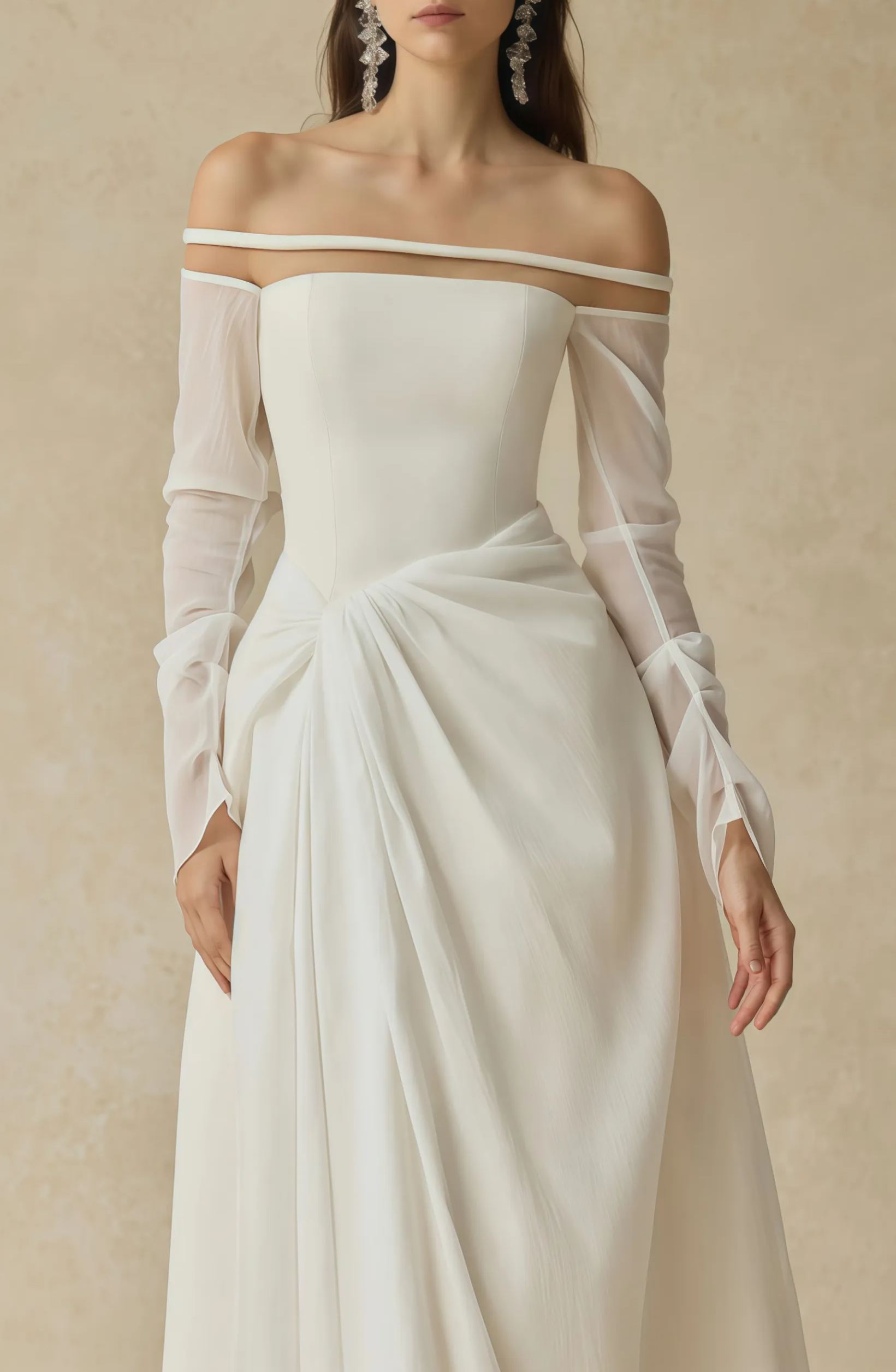 Intemporelle White Gathered Crepe Midi Dress