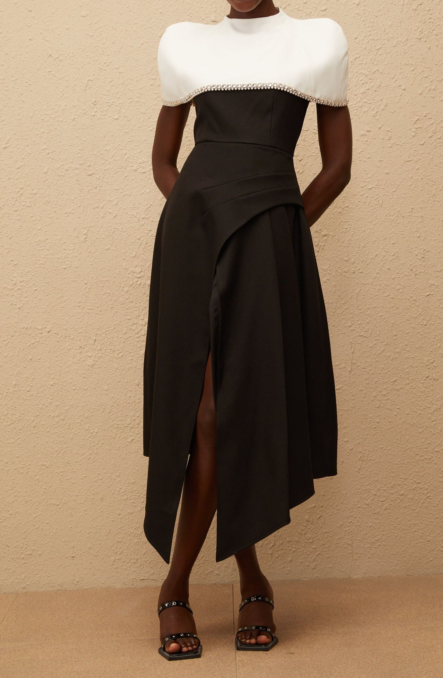 Deisyer Color Block Midi Dress with Embellished Shawl