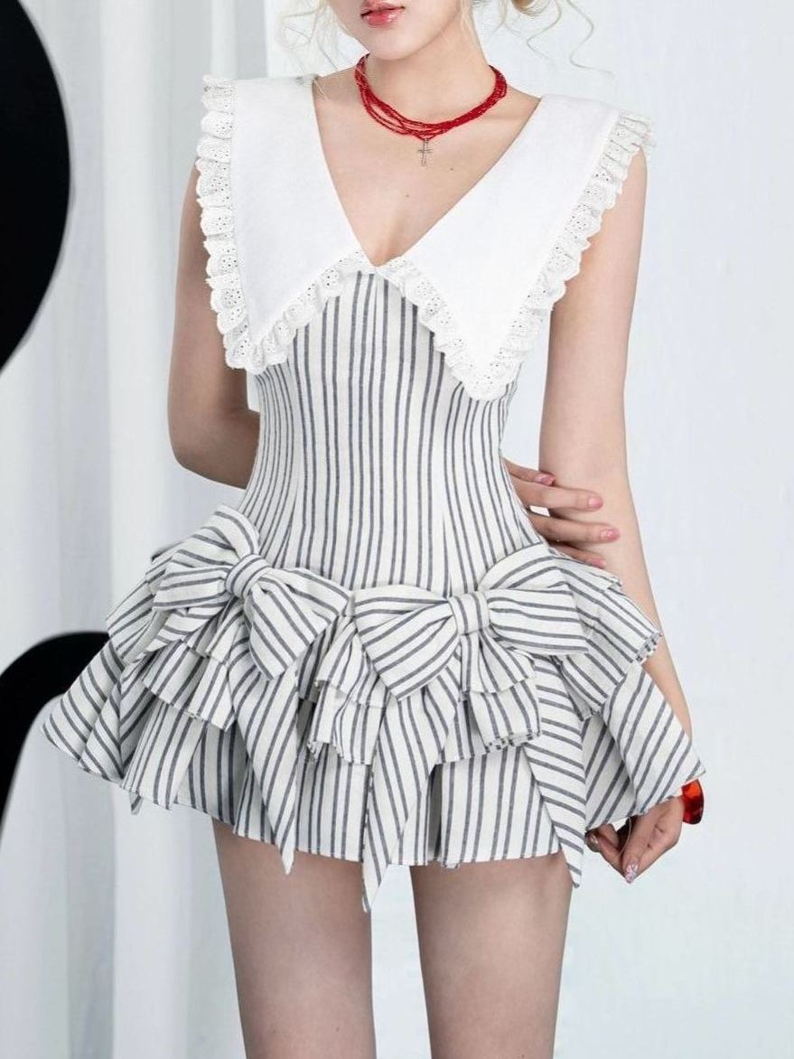 Versailles Stripe Bow Mini Dress