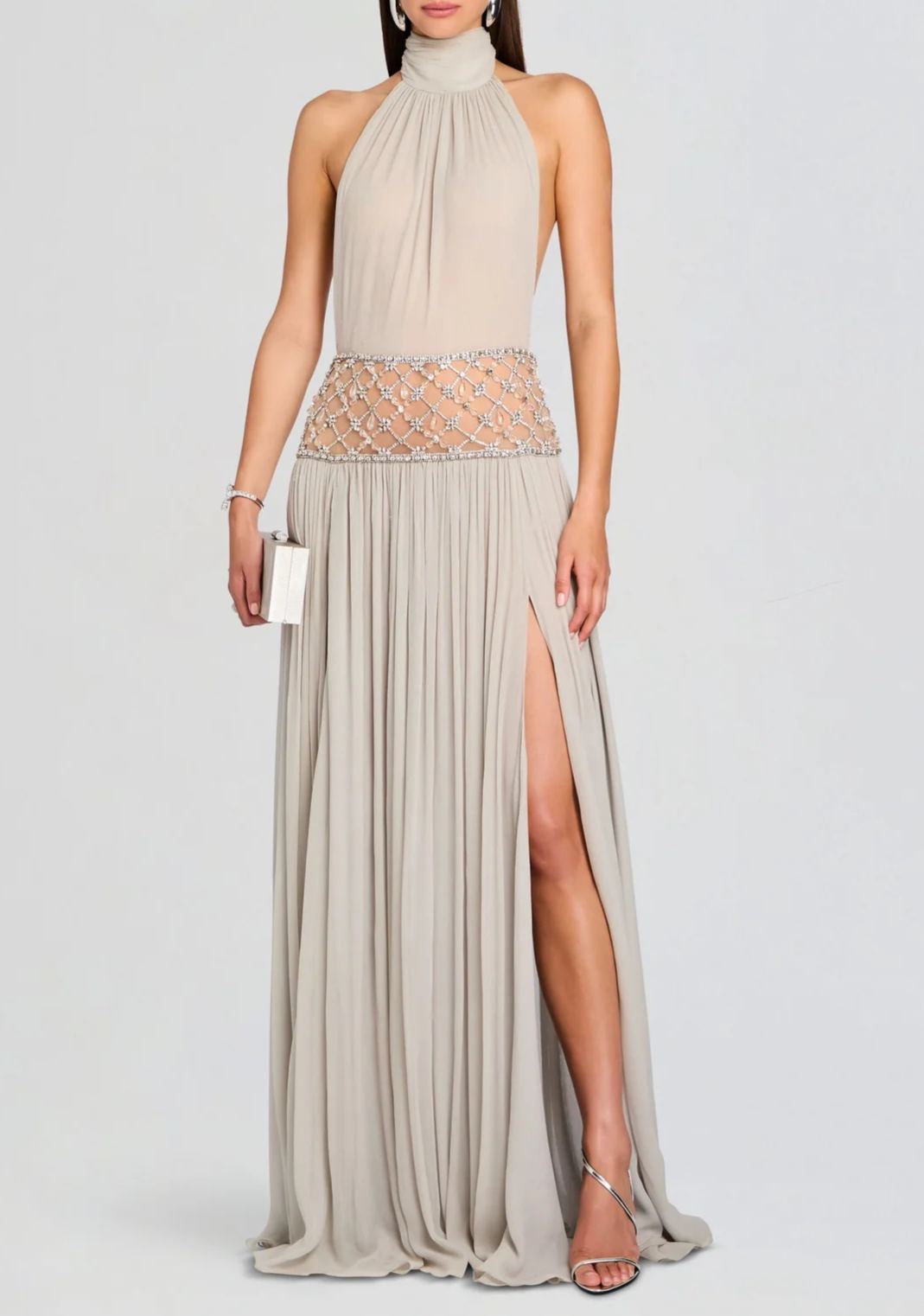 Sophjan Almond Grey Embellished Ruched Maxi Dress