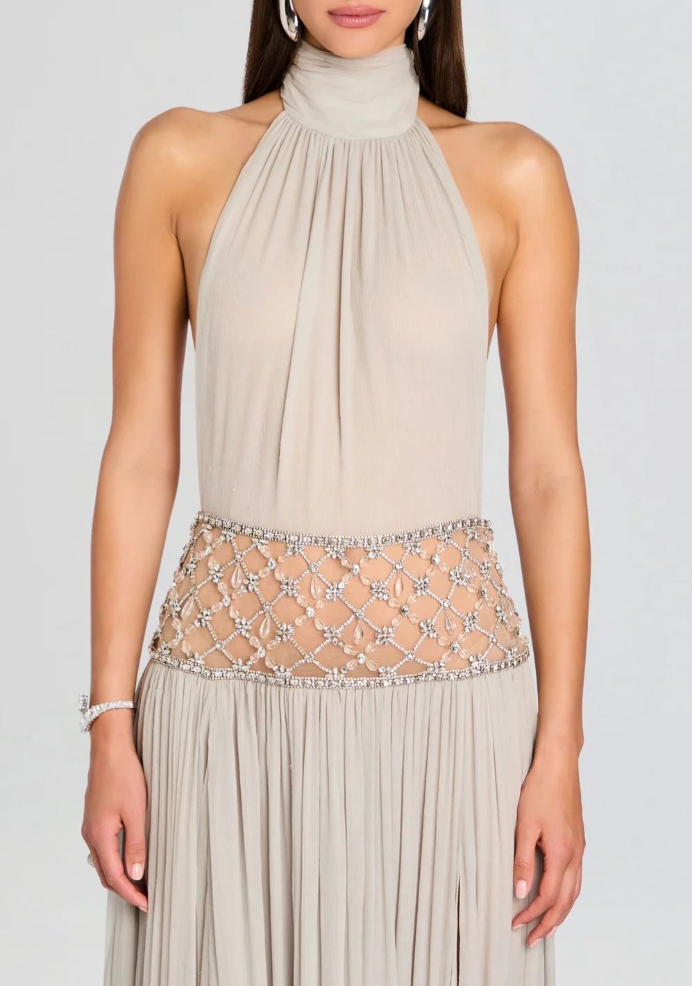 Sophjan Almond Grey Embellished Ruched Maxi Dress
