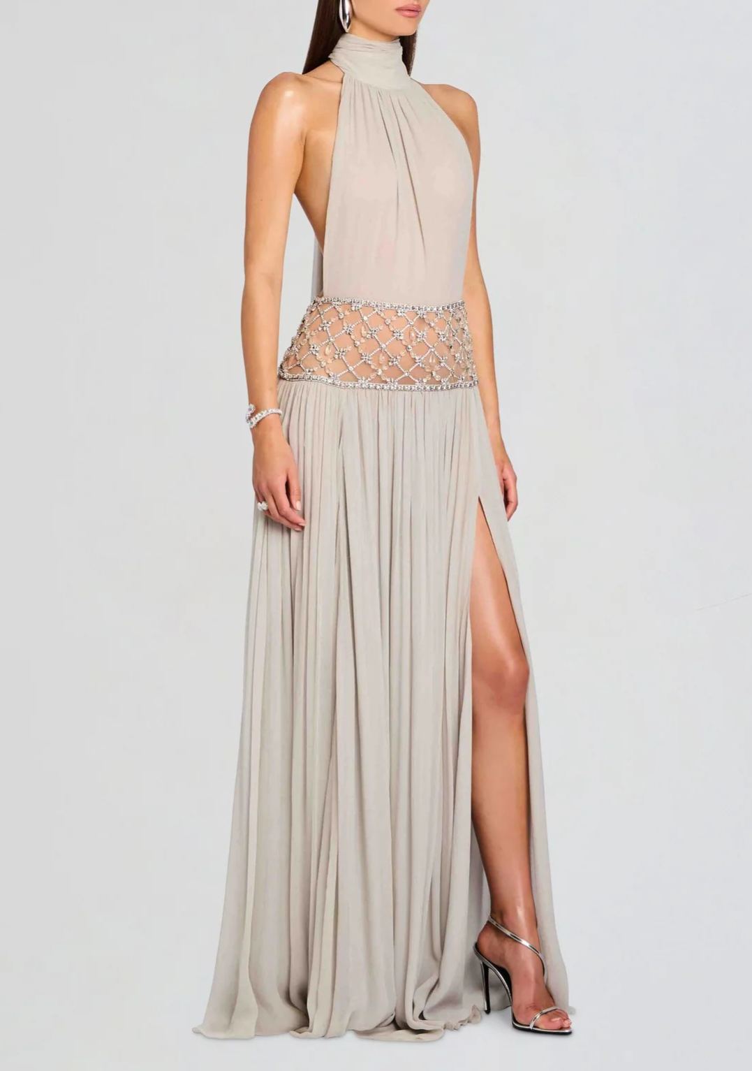 Sophjan Almond Grey Embellished Ruched Maxi Dress