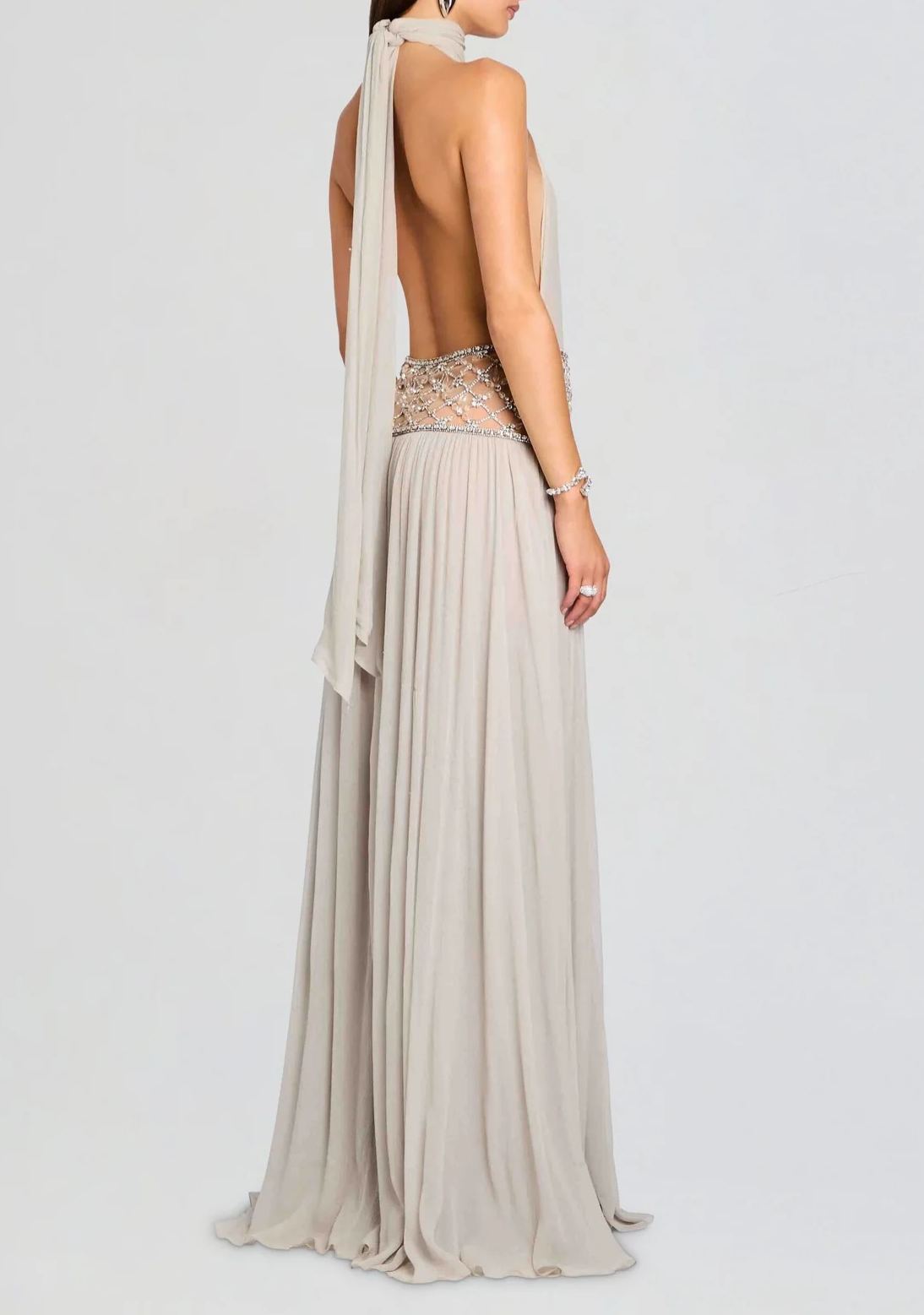Sophjan Almond Grey Embellished Ruched Maxi Dress