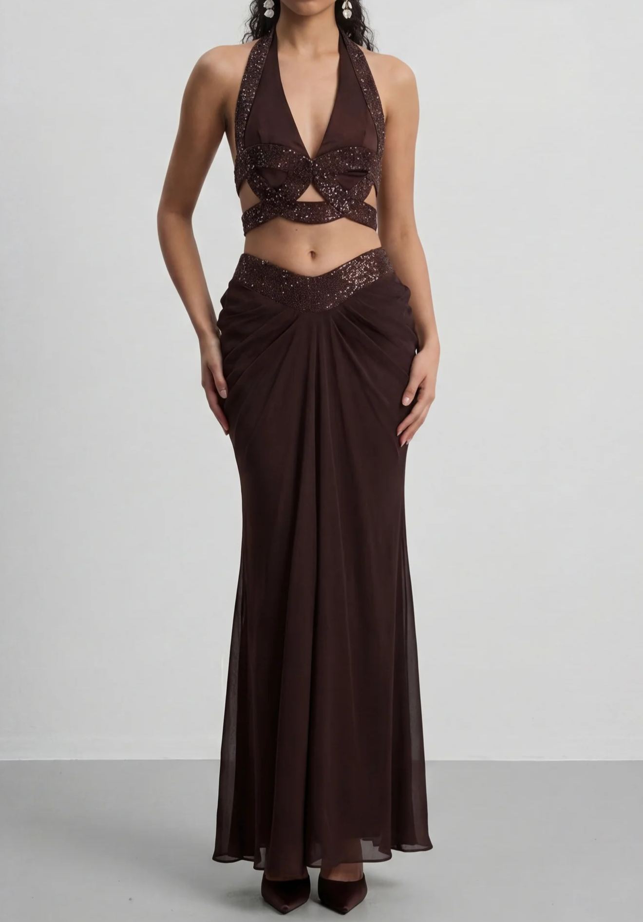 Minerva Halter Neck Draped Skirt Set