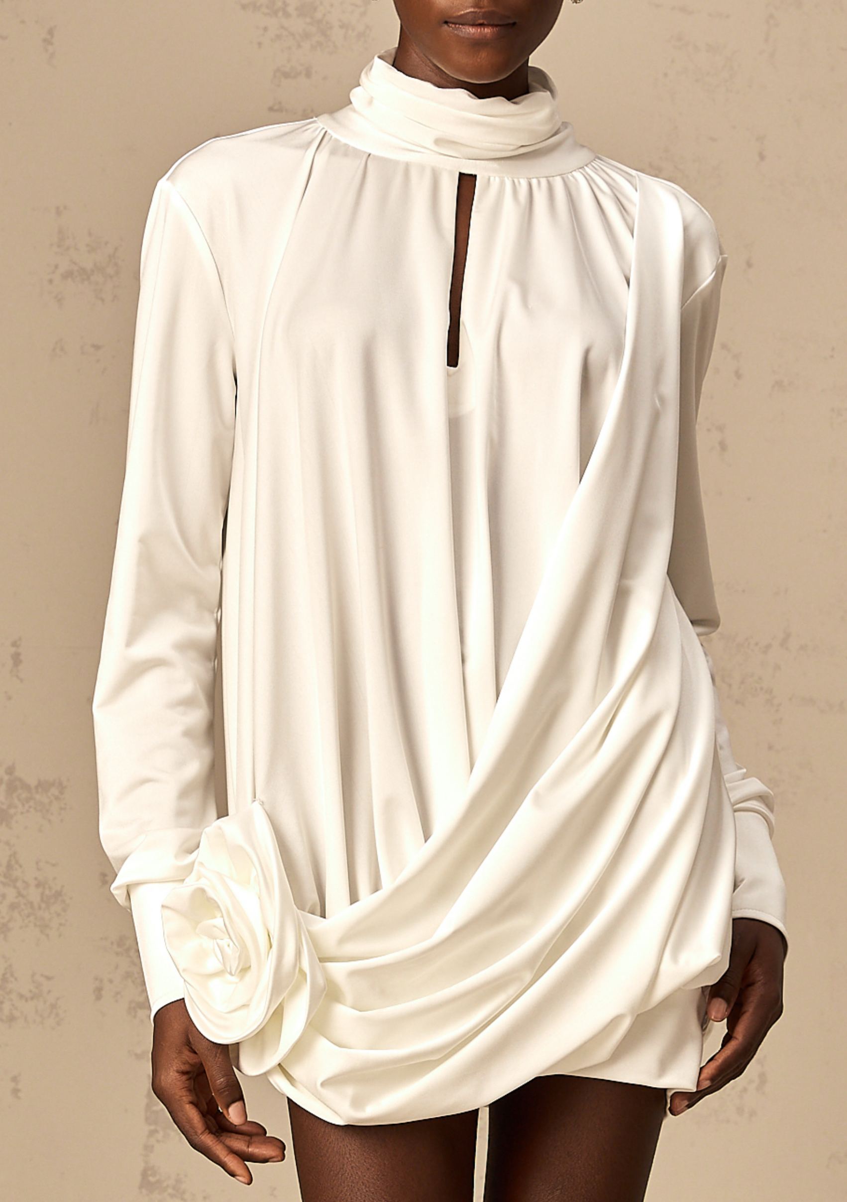 Feodor faux-flower ruched mini dress in White