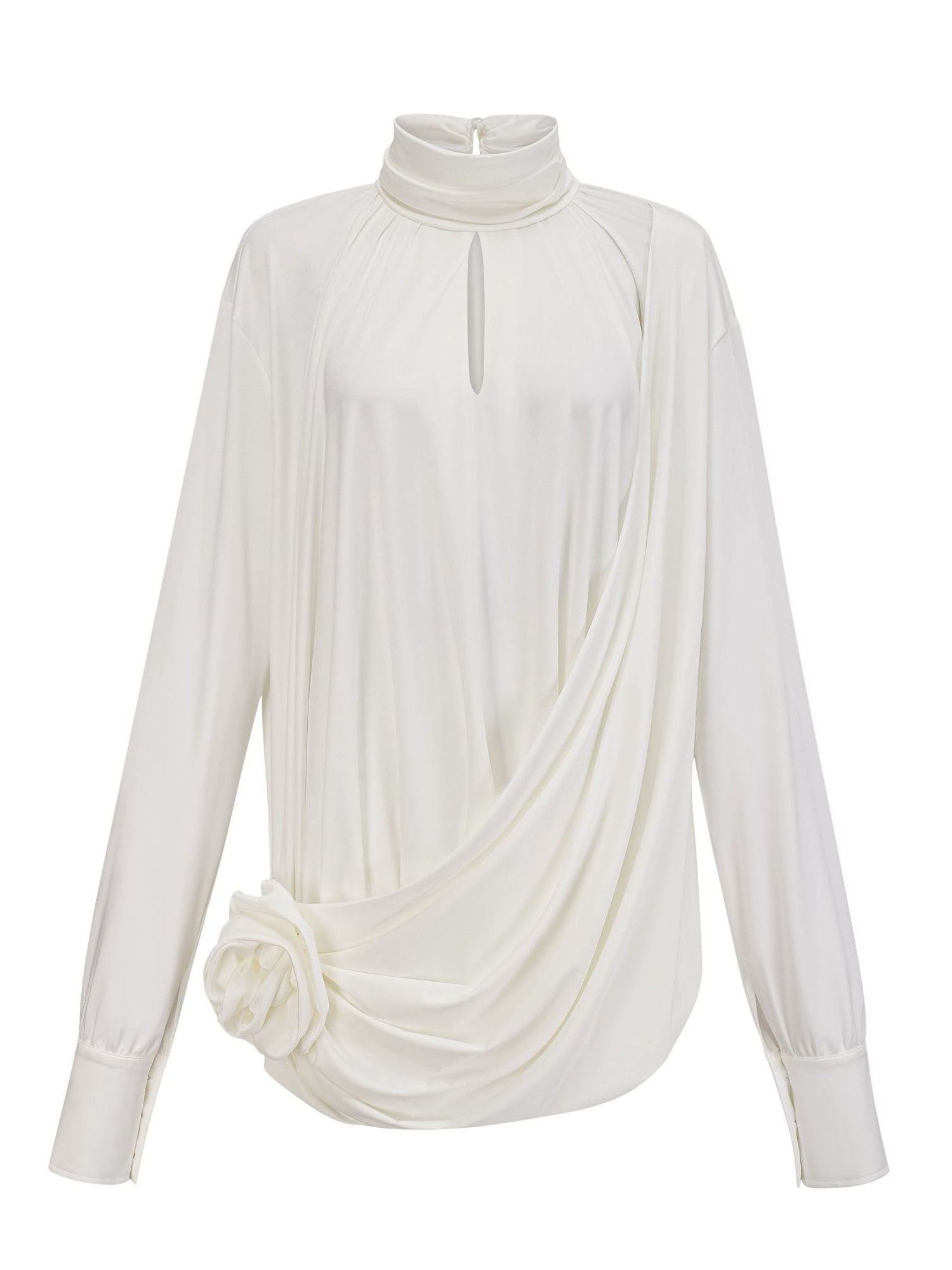 Feodor faux-flower ruched mini dress in White