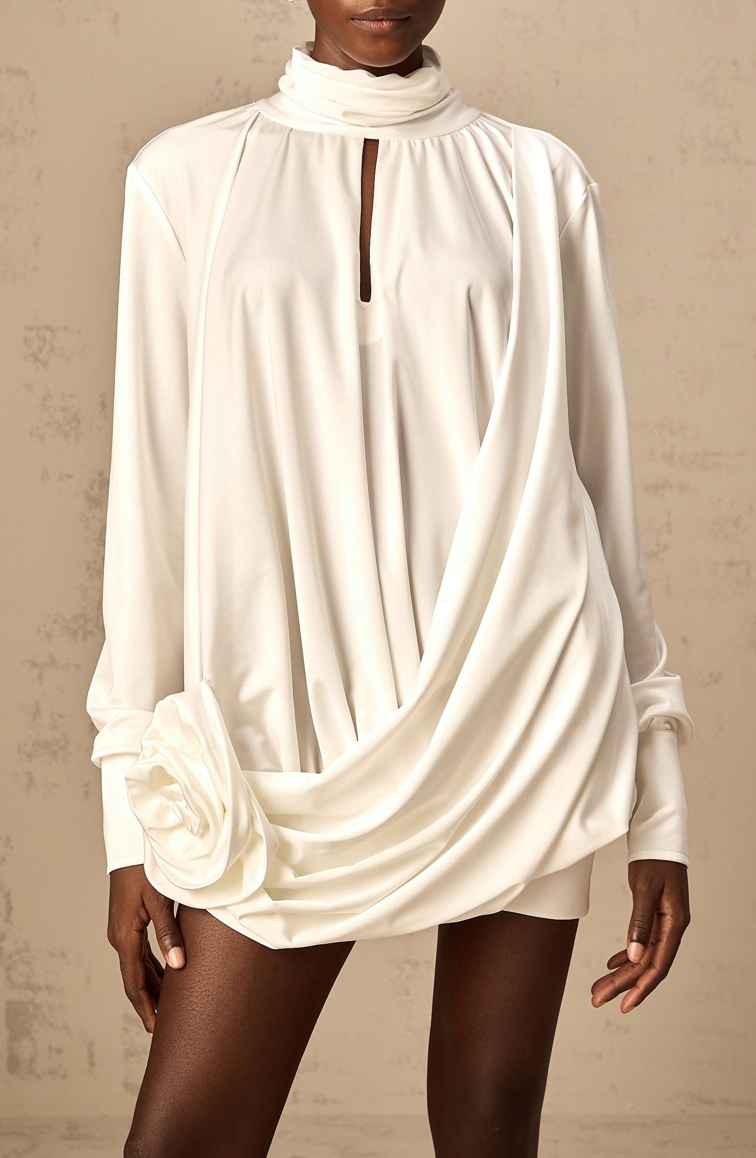 Feodor faux-flower ruched mini dress in White