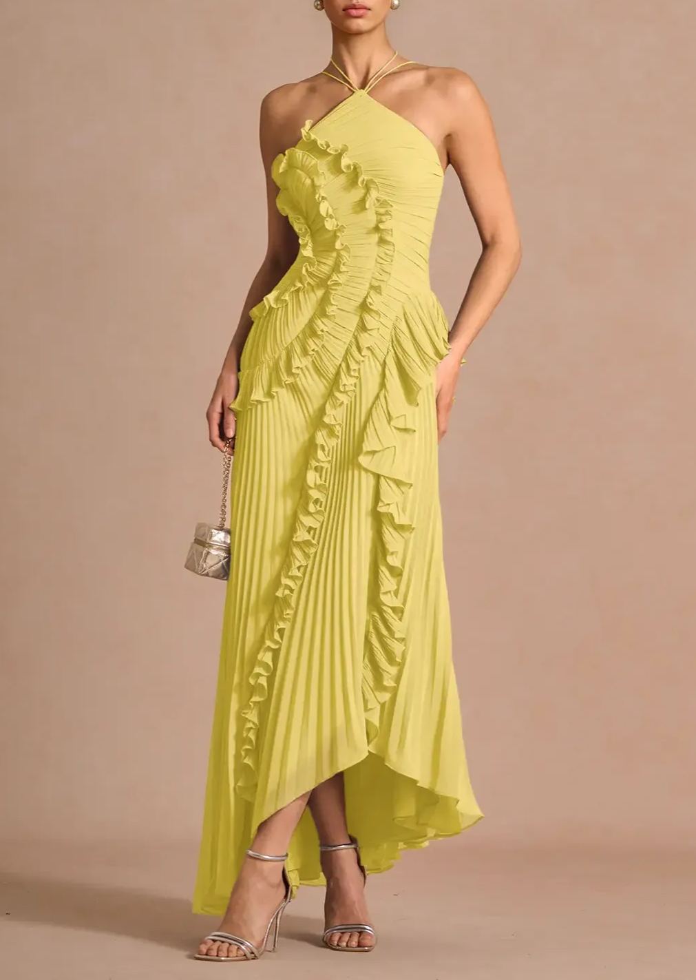 Raisin Yellow Ruffled Trim Pleated Midi Dress