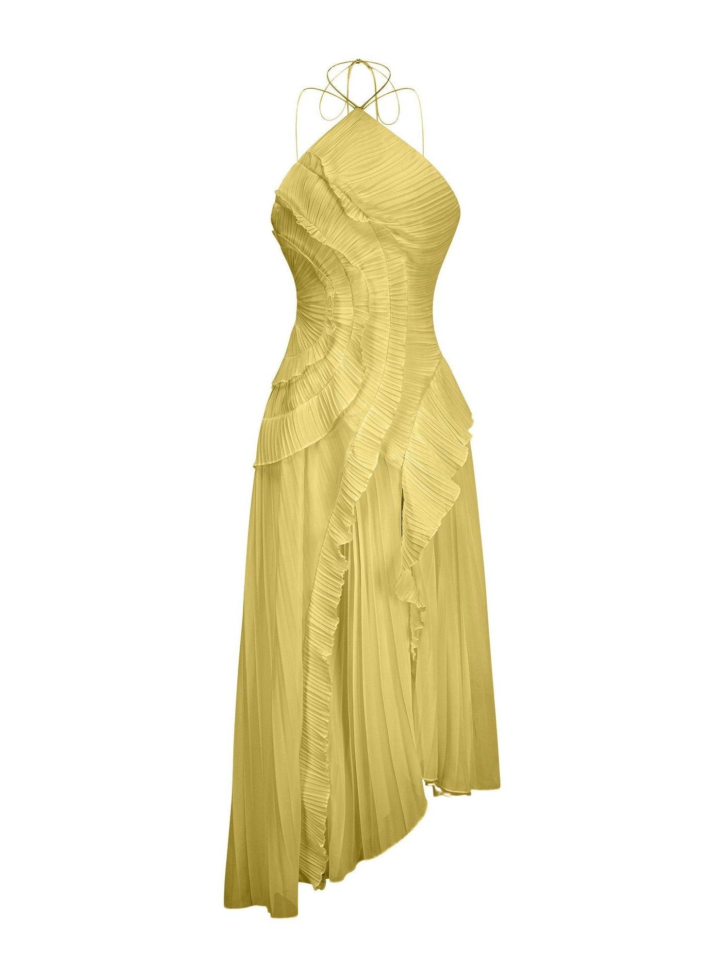 Raisin Yellow Ruffled Trim Pleated Midi Dress