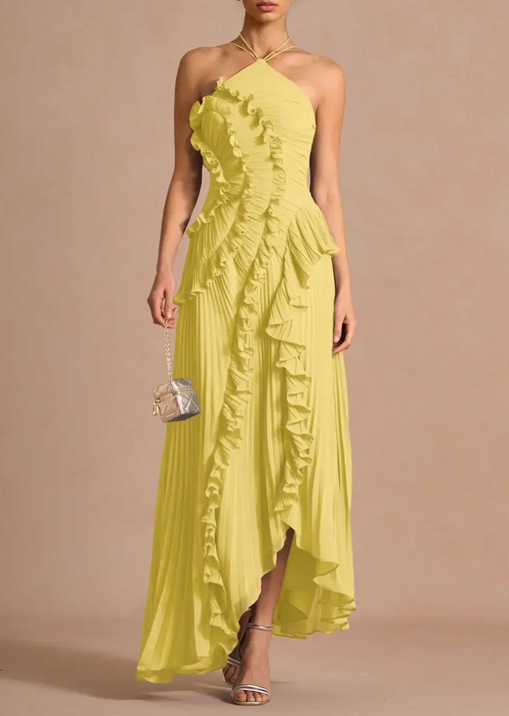 Raisin Yellow Ruffled Trim Pleated Midi Dress