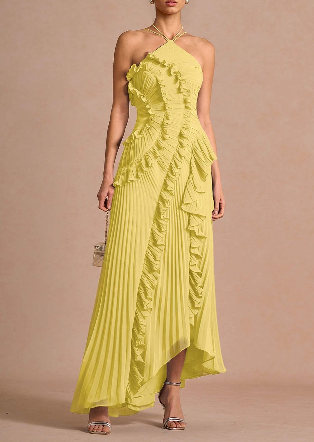 Raisin Yellow Ruffled Trim Pleated Midi Dress