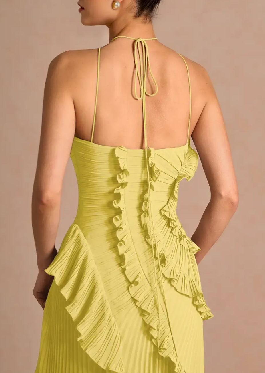 Raisin Yellow Ruffled Trim Pleated Midi Dress