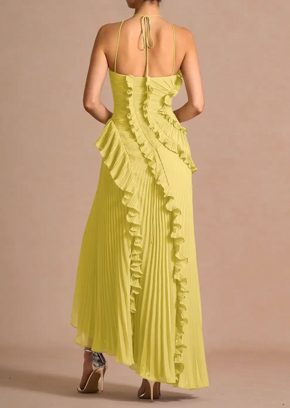 Raisin Yellow Ruffled Trim Pleated Midi Dress