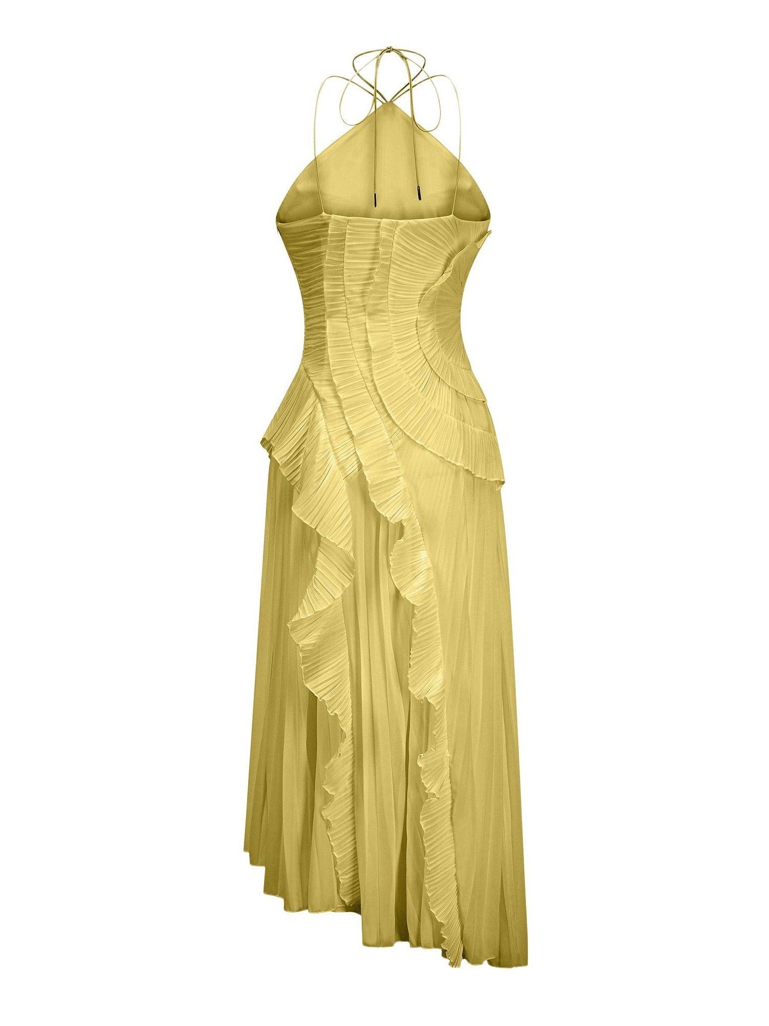 Raisin Yellow Ruffled Trim Pleated Midi Dress