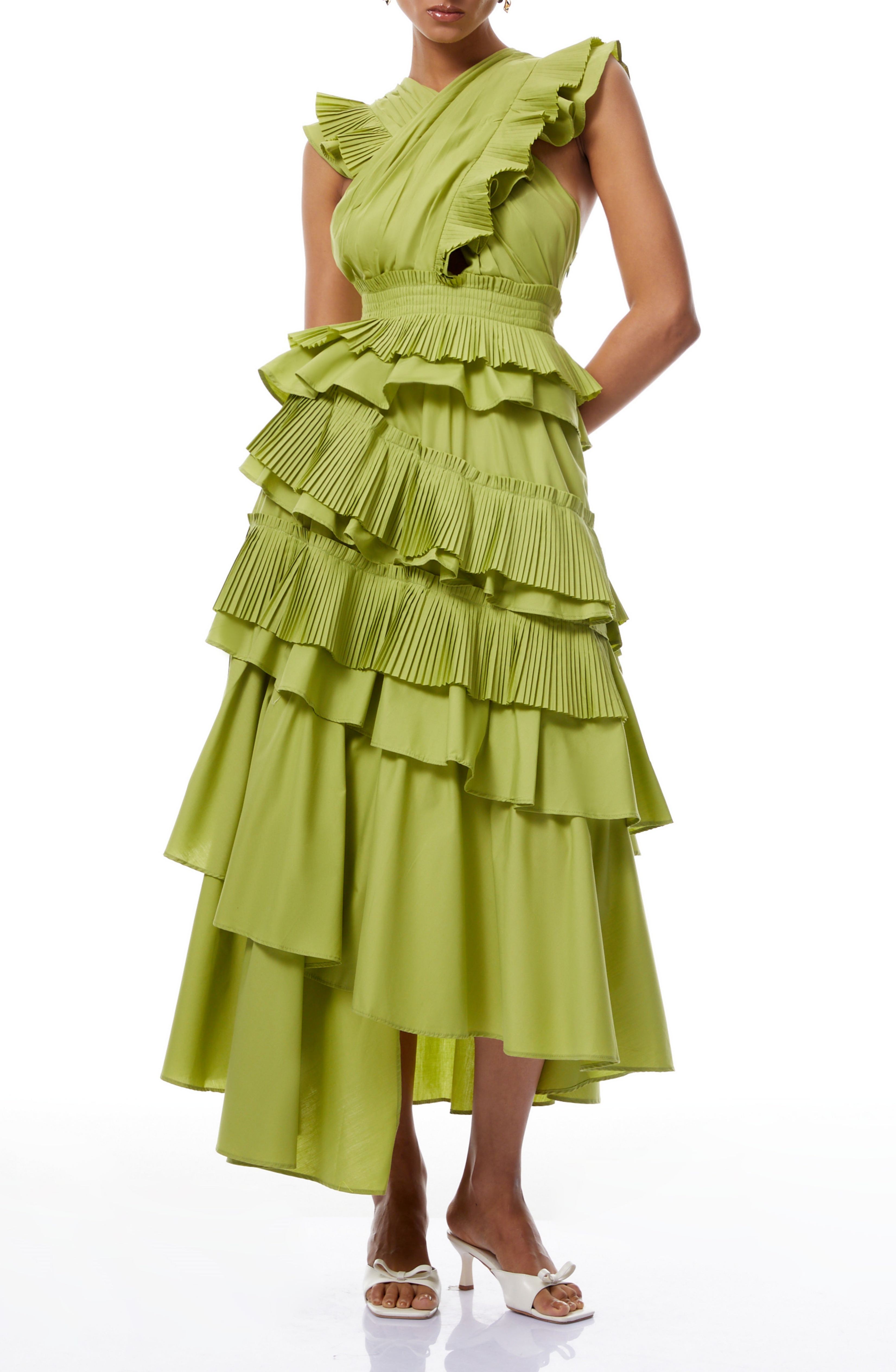 Tisiphone Green Asymmetrical Ruffled Tiered Midi Dress