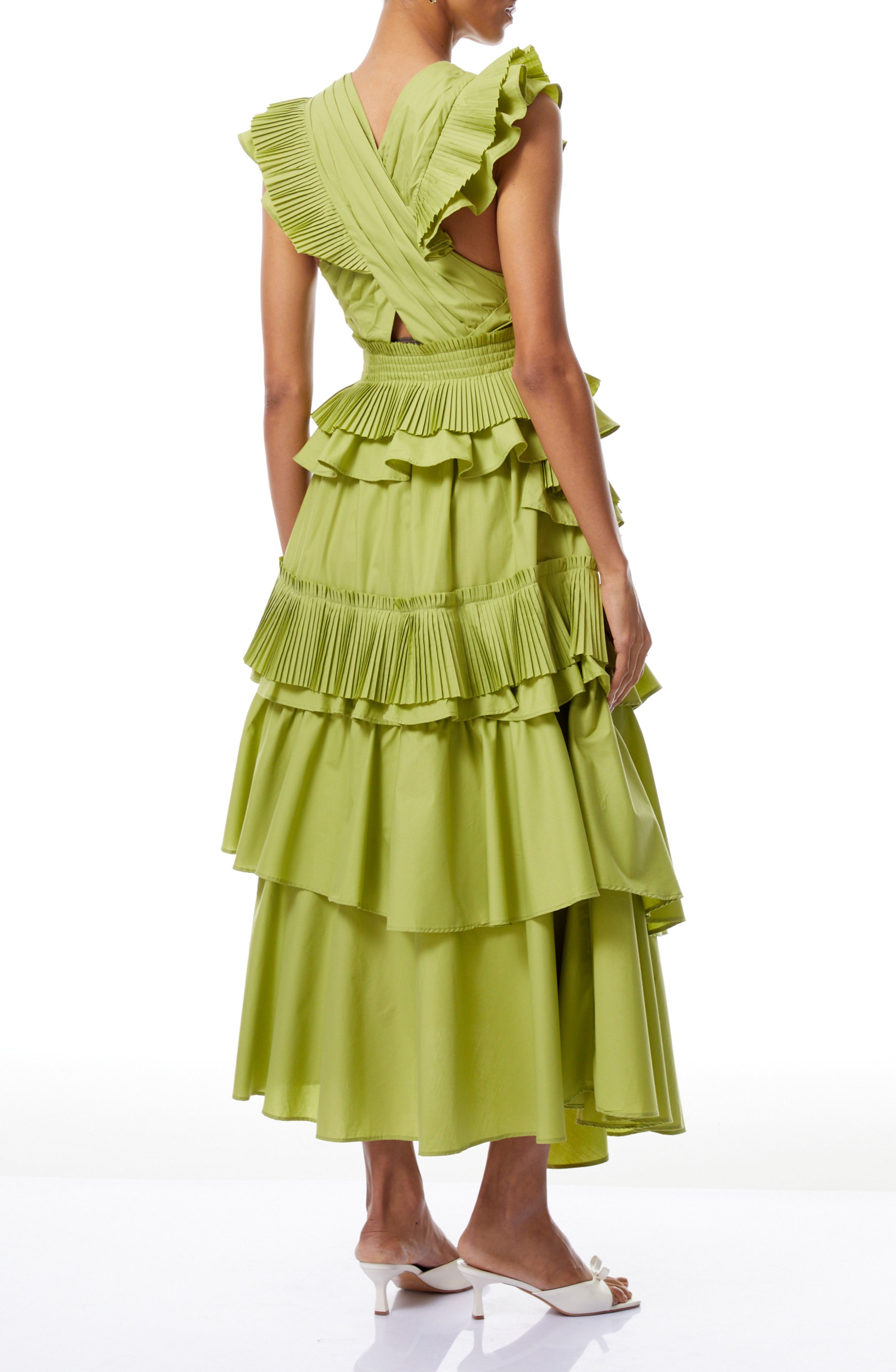 Tisiphone Green Asymmetrical Ruffled Tiered Midi Dress