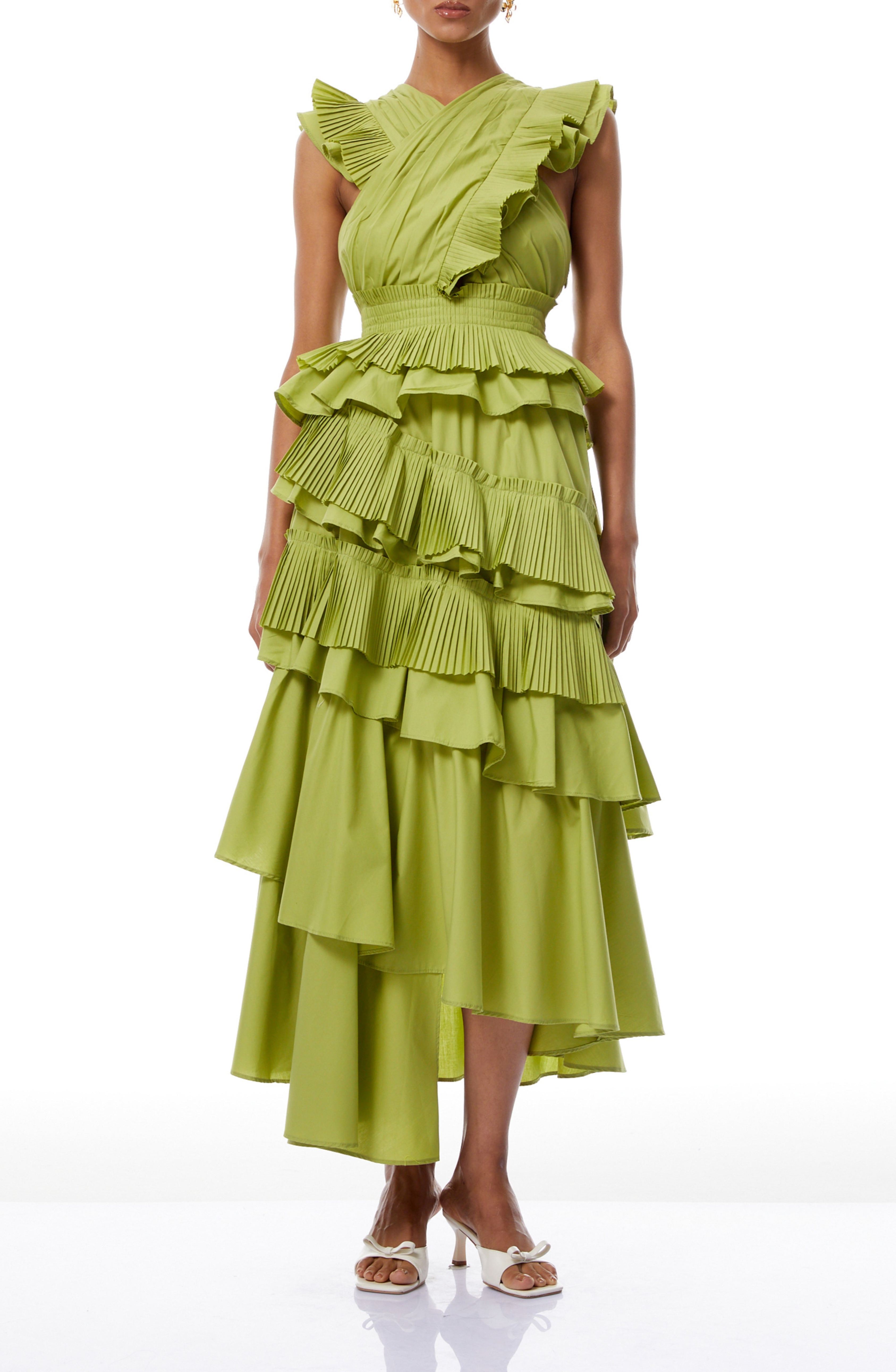 Tisiphone Green Asymmetrical Ruffled Tiered Midi Dress