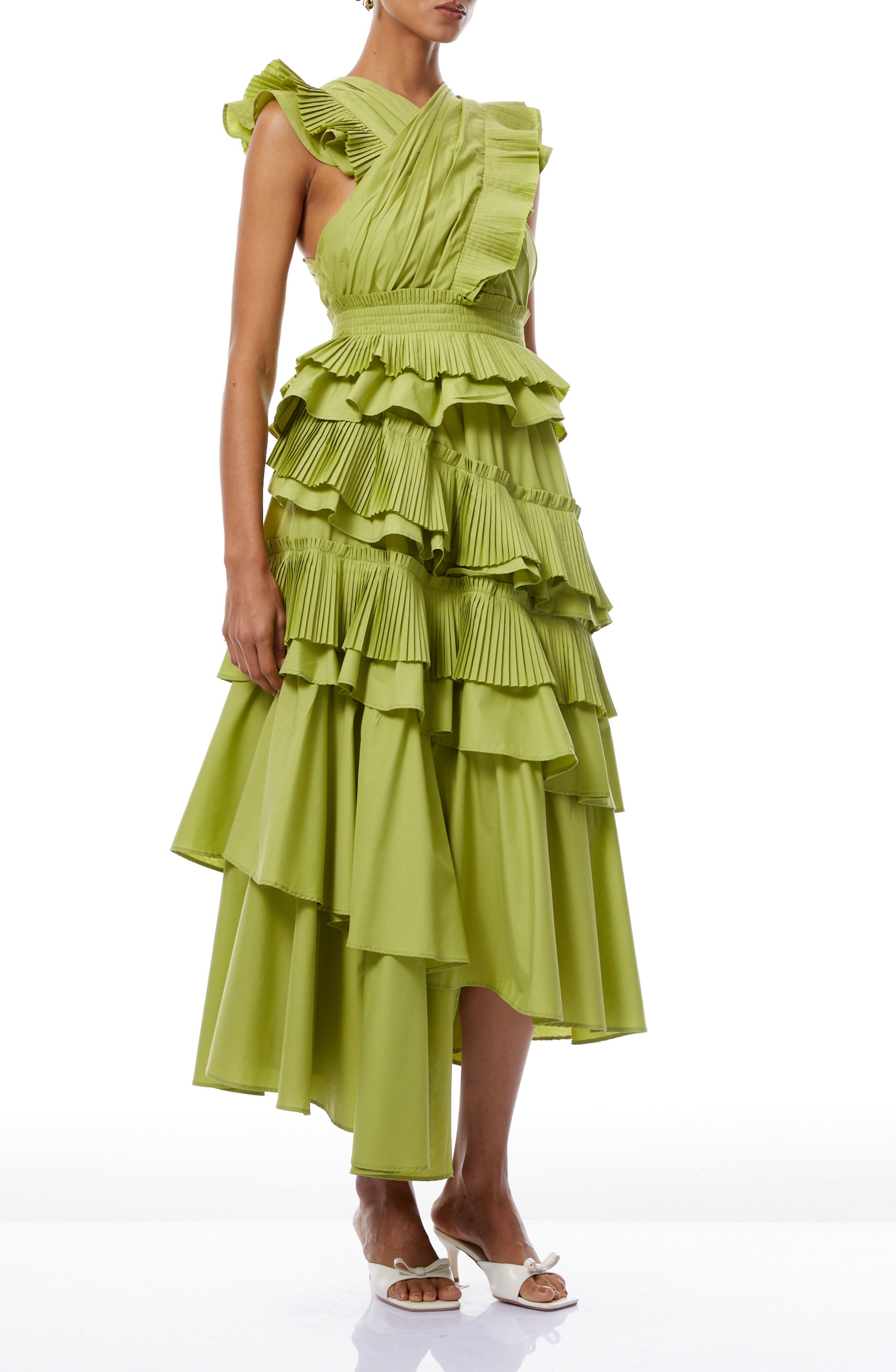 Tisiphone Green Asymmetrical Ruffled Tiered Midi Dress
