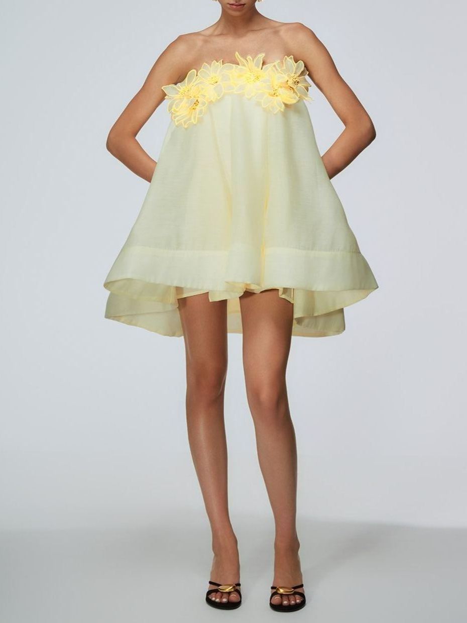 Tisiphone Yellow Off Shoulder Mini Dress with 3D Florals