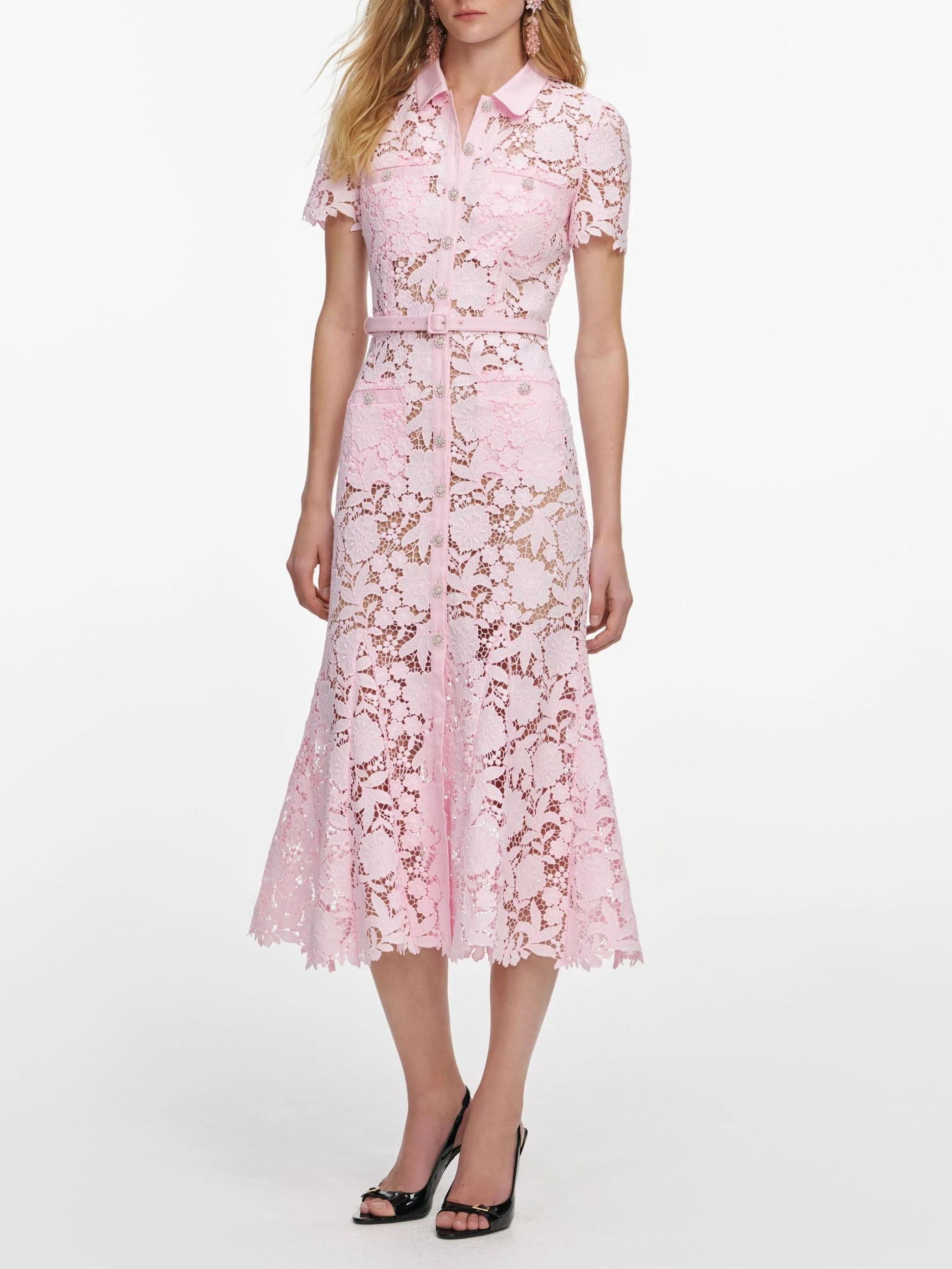 Aprowos Blue Floral Appliqué Lace Midi Dress