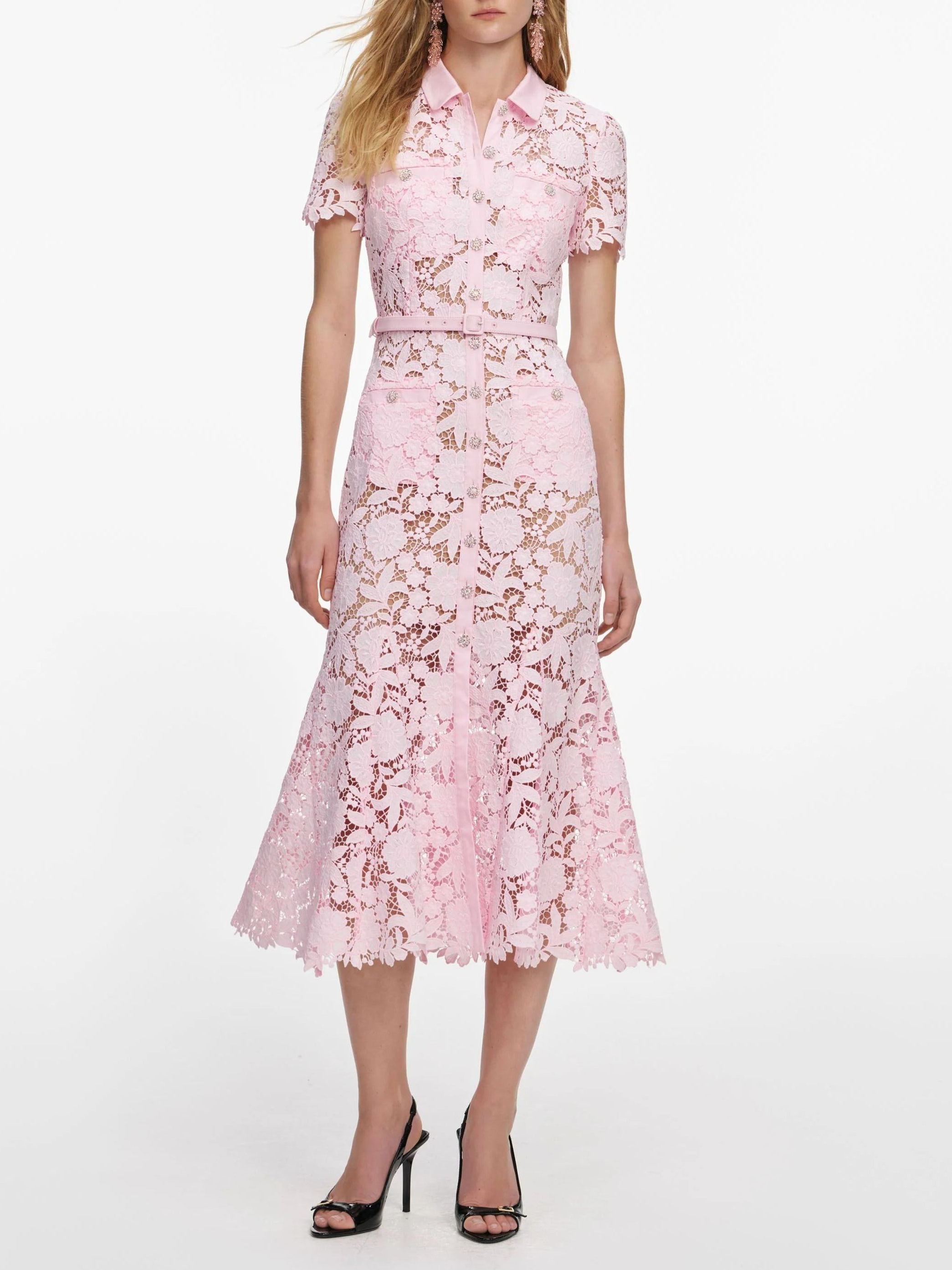 Aprowos Blue Floral Appliqué Lace Midi Dress