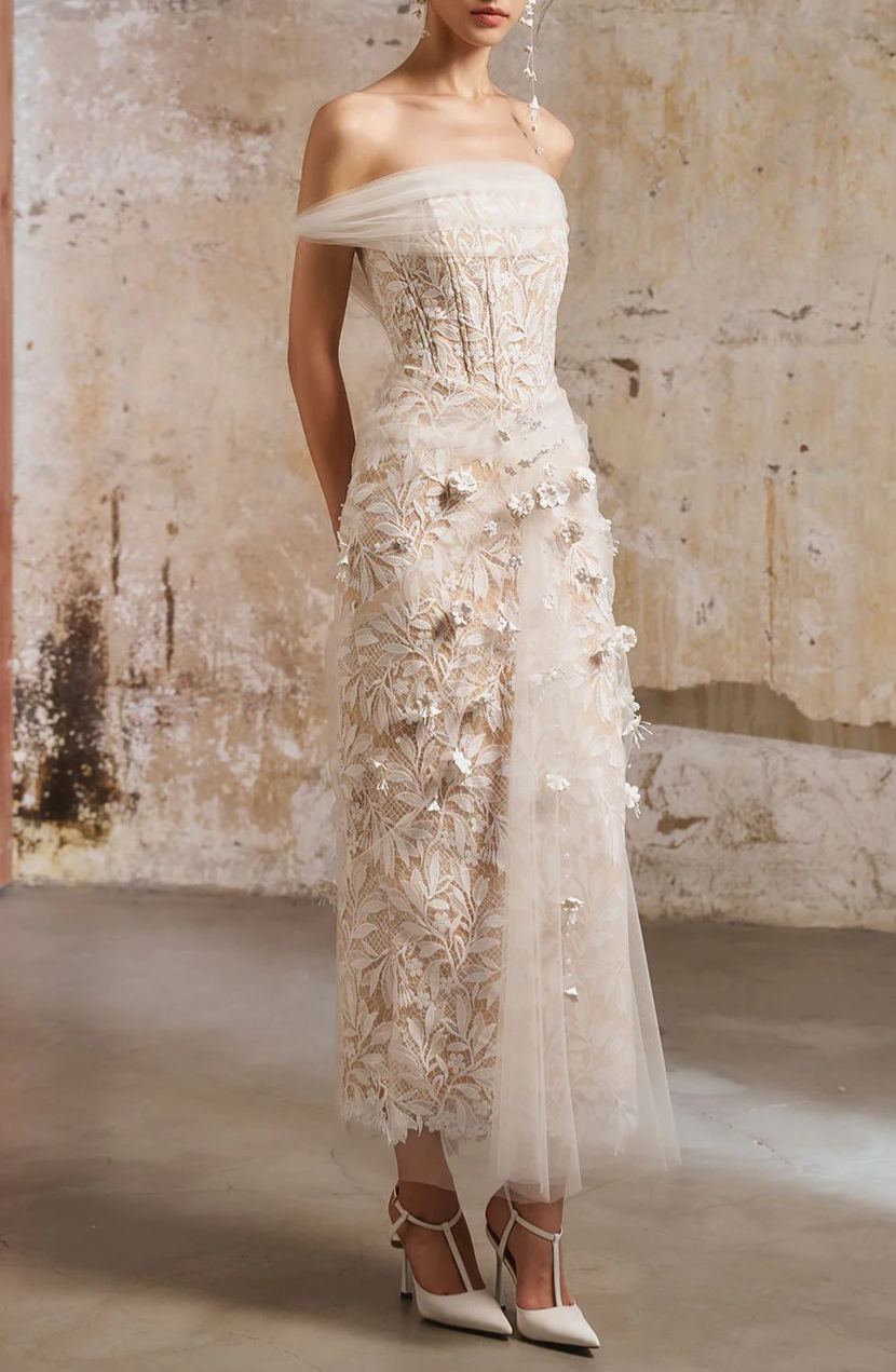 Kimmi Neutral Tulle Panel Lace Maxi Dress