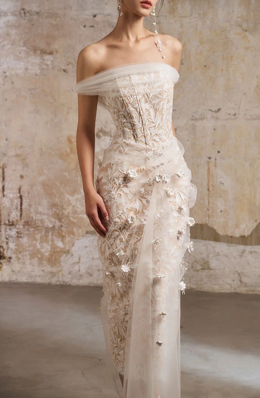 Kimmi Neutral Tulle Panel Lace Maxi Dress