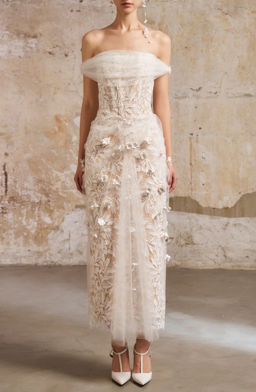 Kimmi Neutral Tulle Panel Lace Maxi Dress