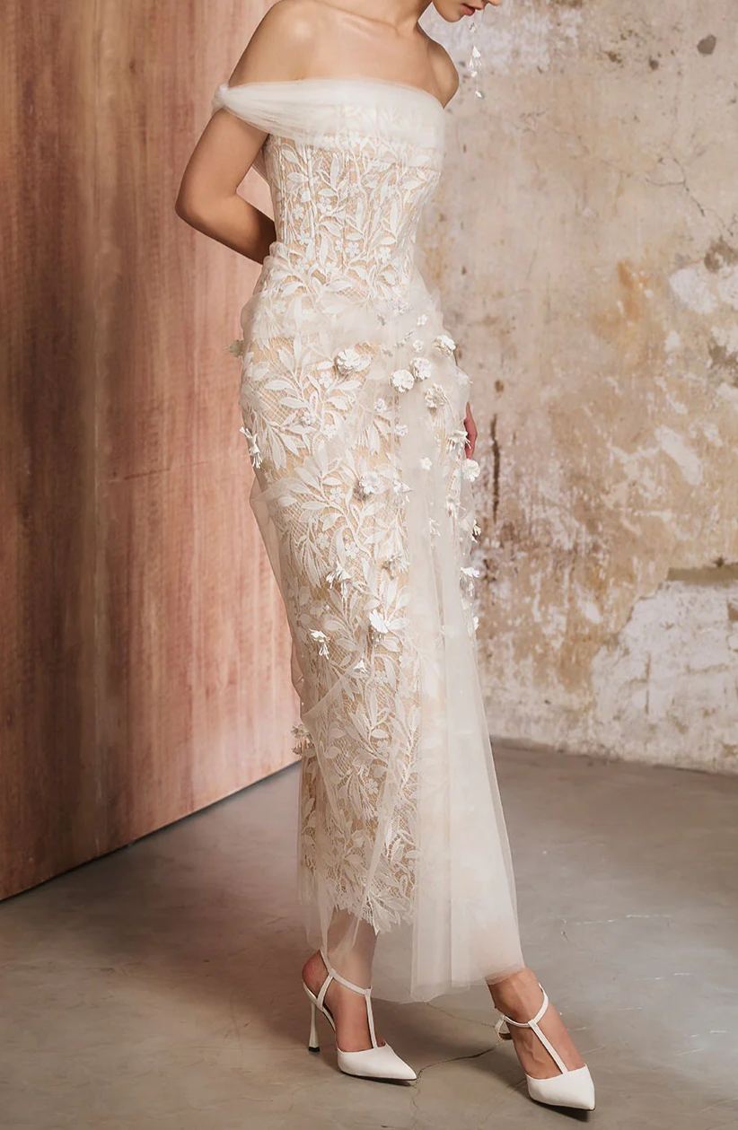 Kimmi Neutral Tulle Panel Lace Maxi Dress