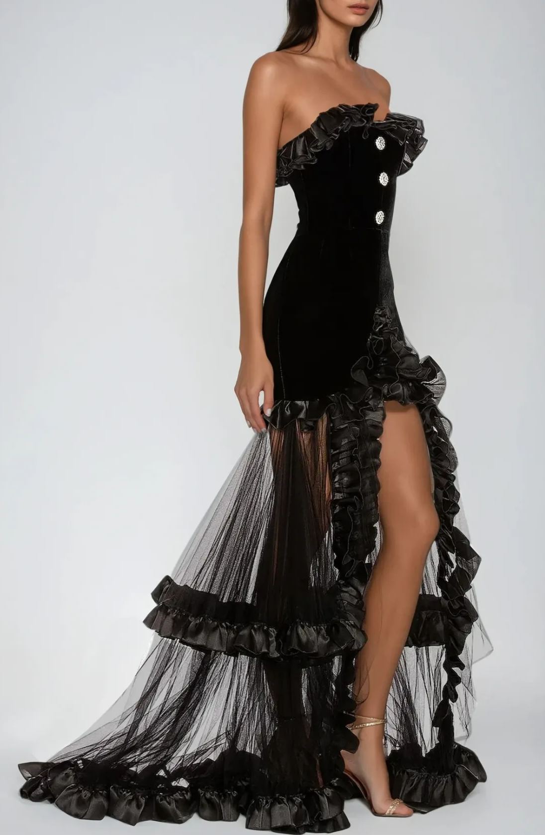 Audrey Ruffle Strapless Mesh Maxi Dress