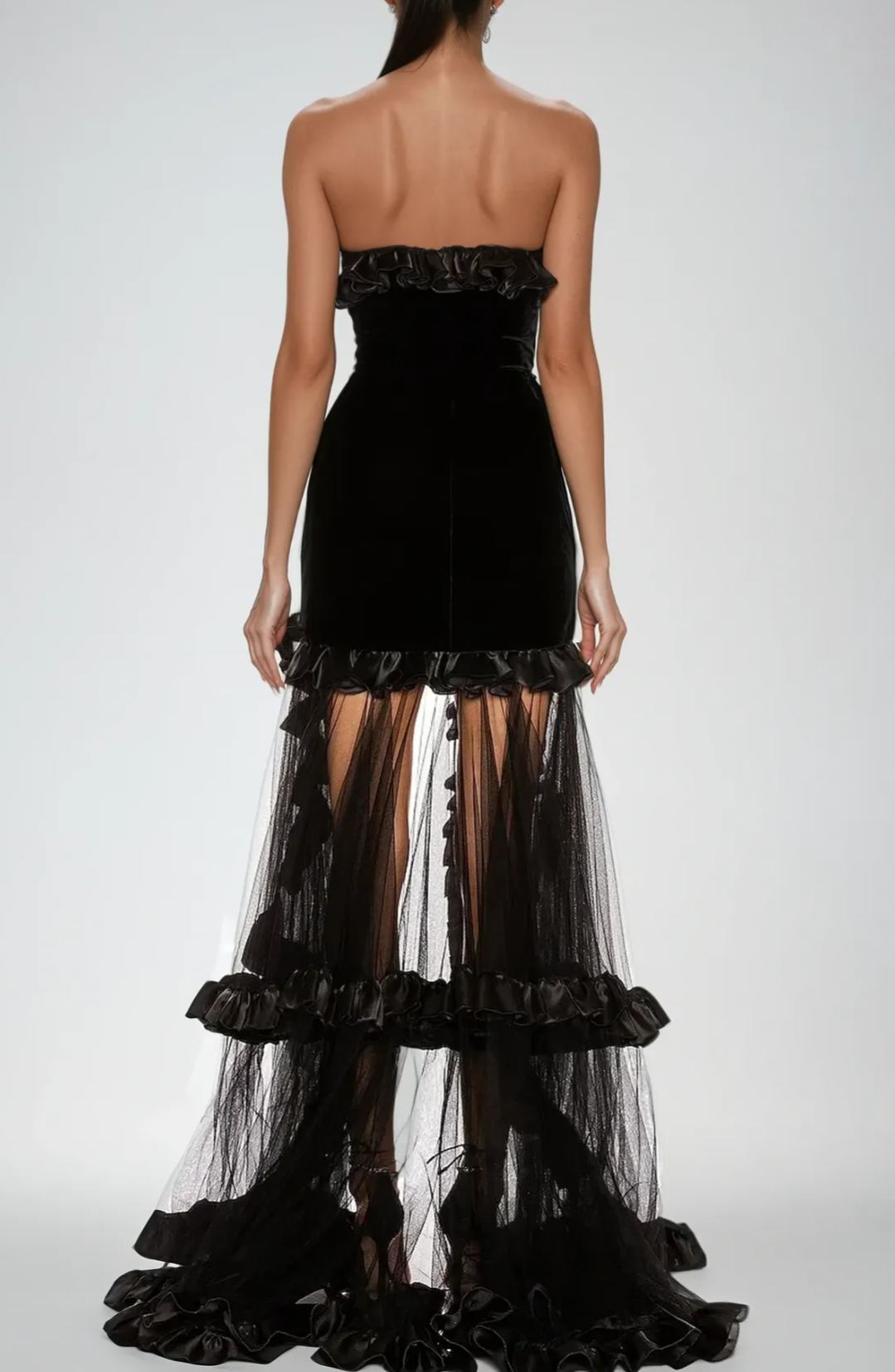 Audrey Ruffle Strapless Mesh Maxi Dress