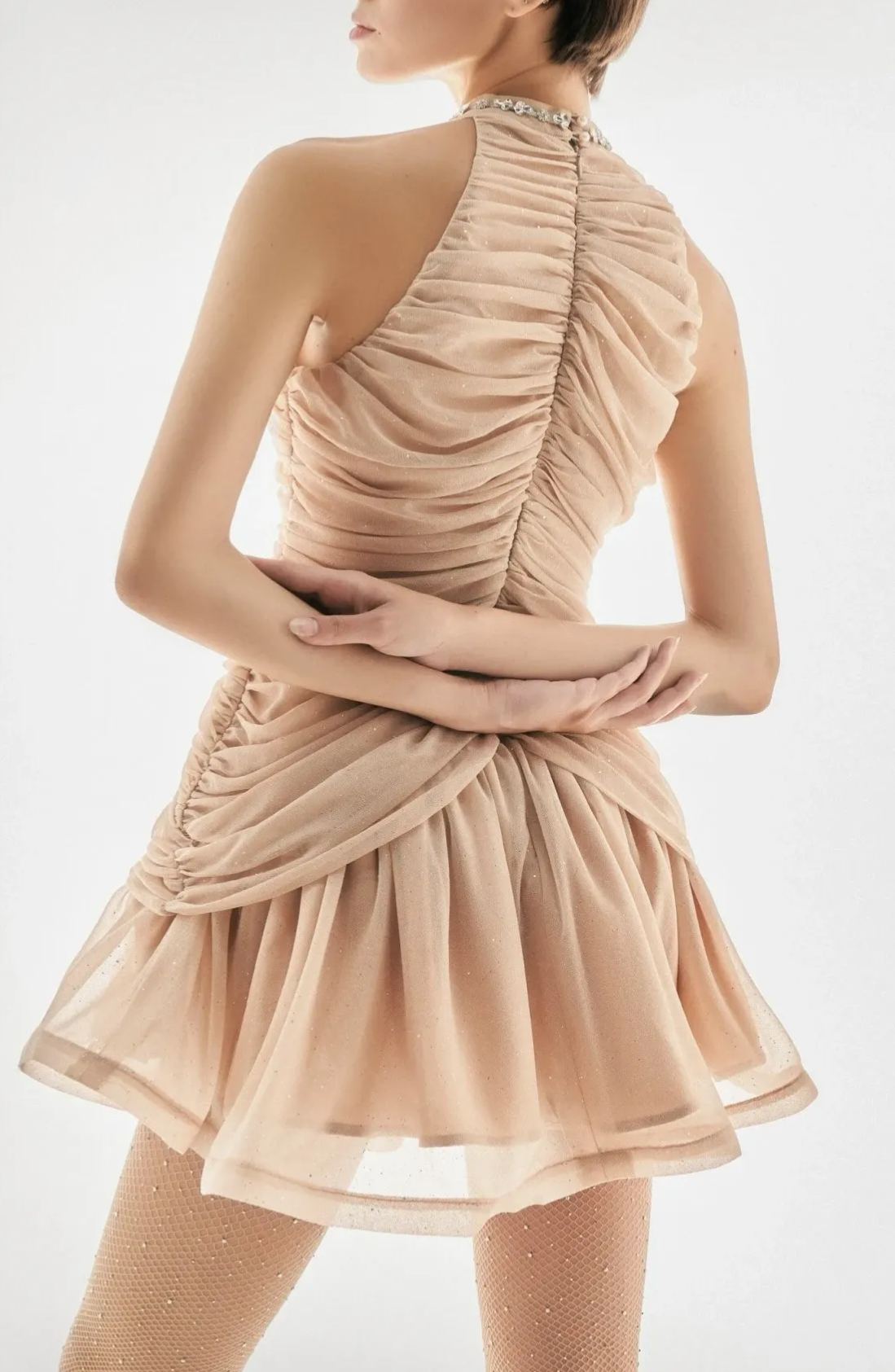 Apricot Nude Ruched Halter Mini Dress with Crystal Embellishments