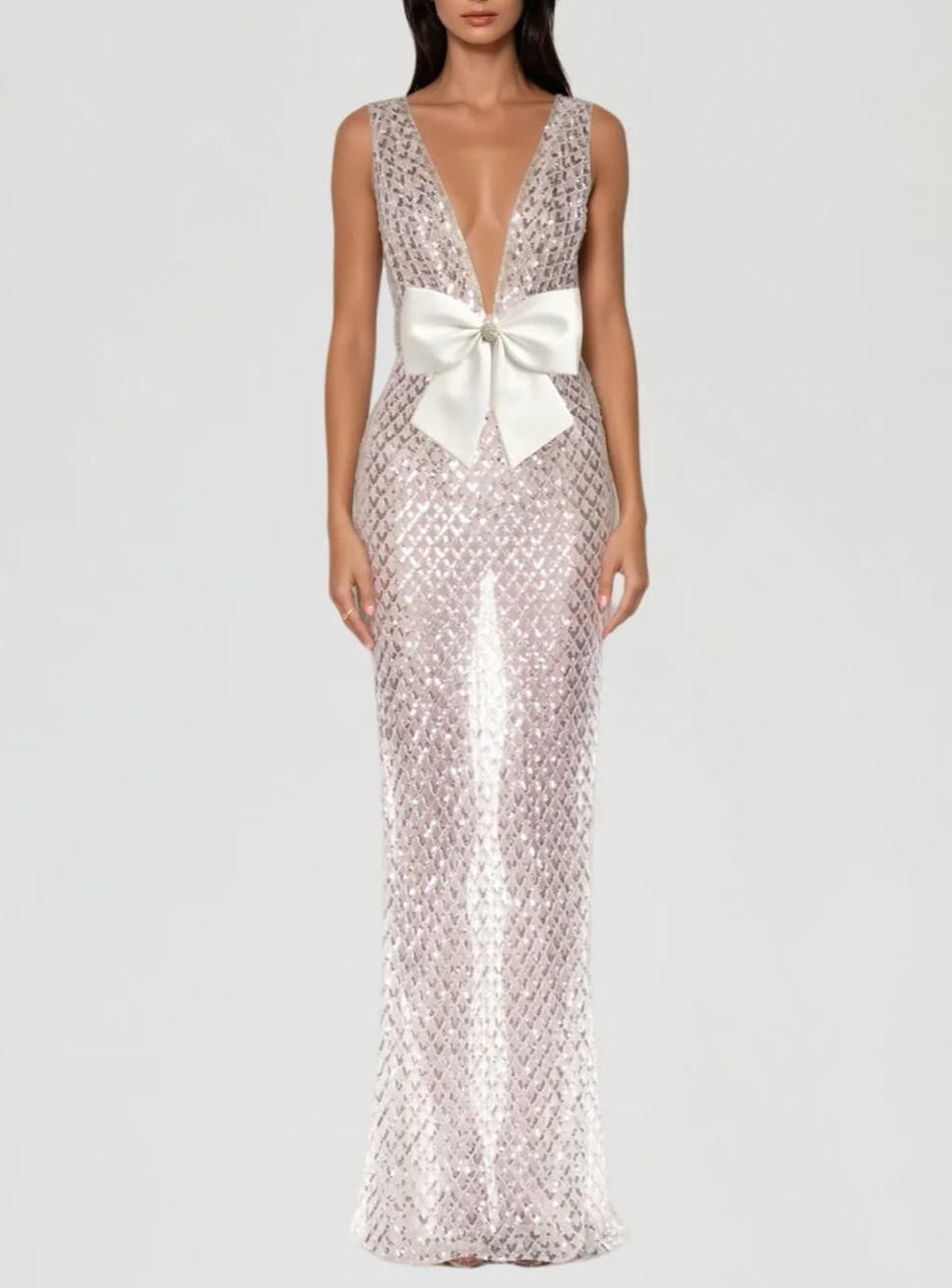 Jagtopo V Neck Bow Sequin Maxi Dress In White