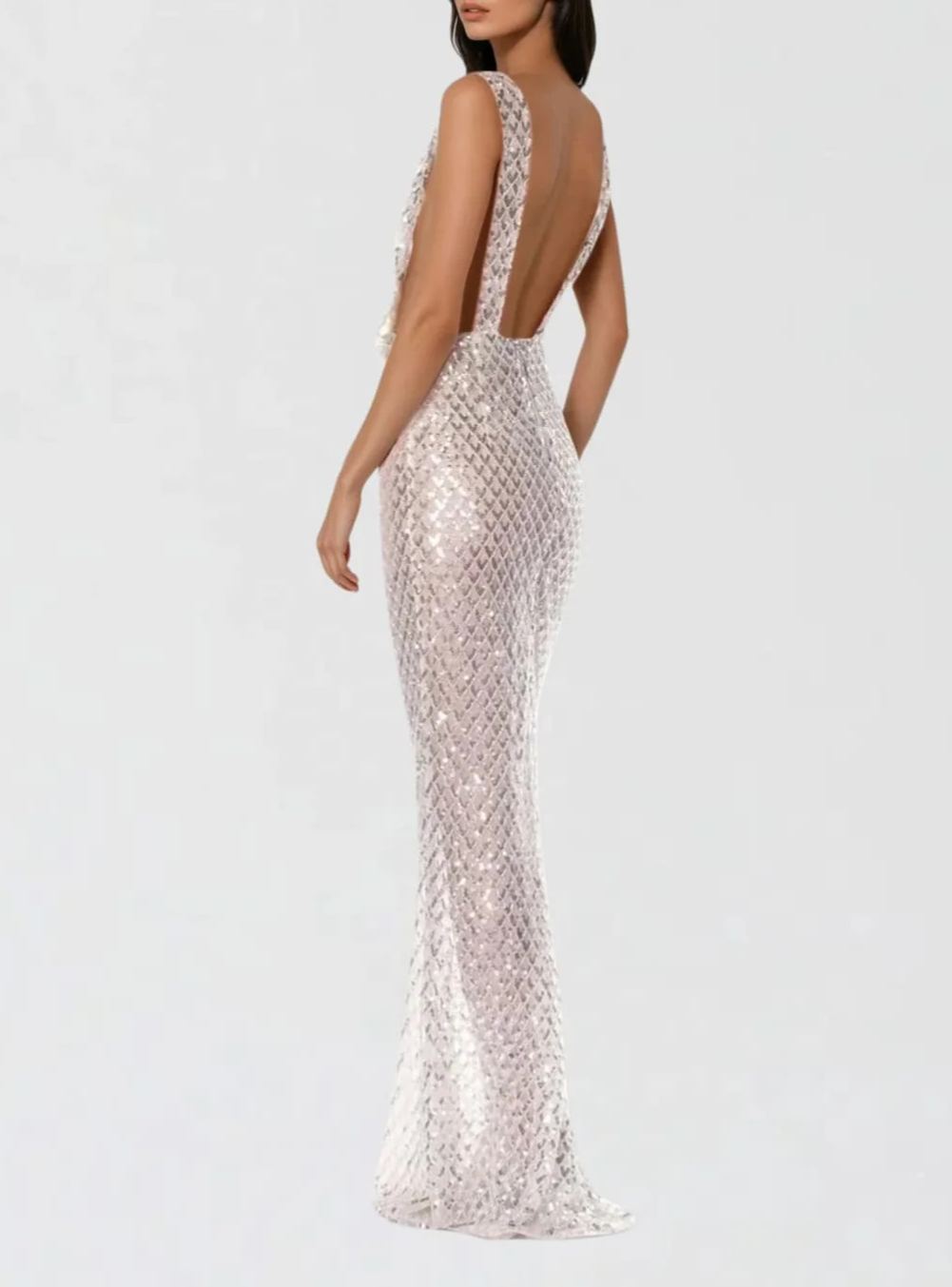Jagtopo V Neck Bow Sequin Maxi Dress In White