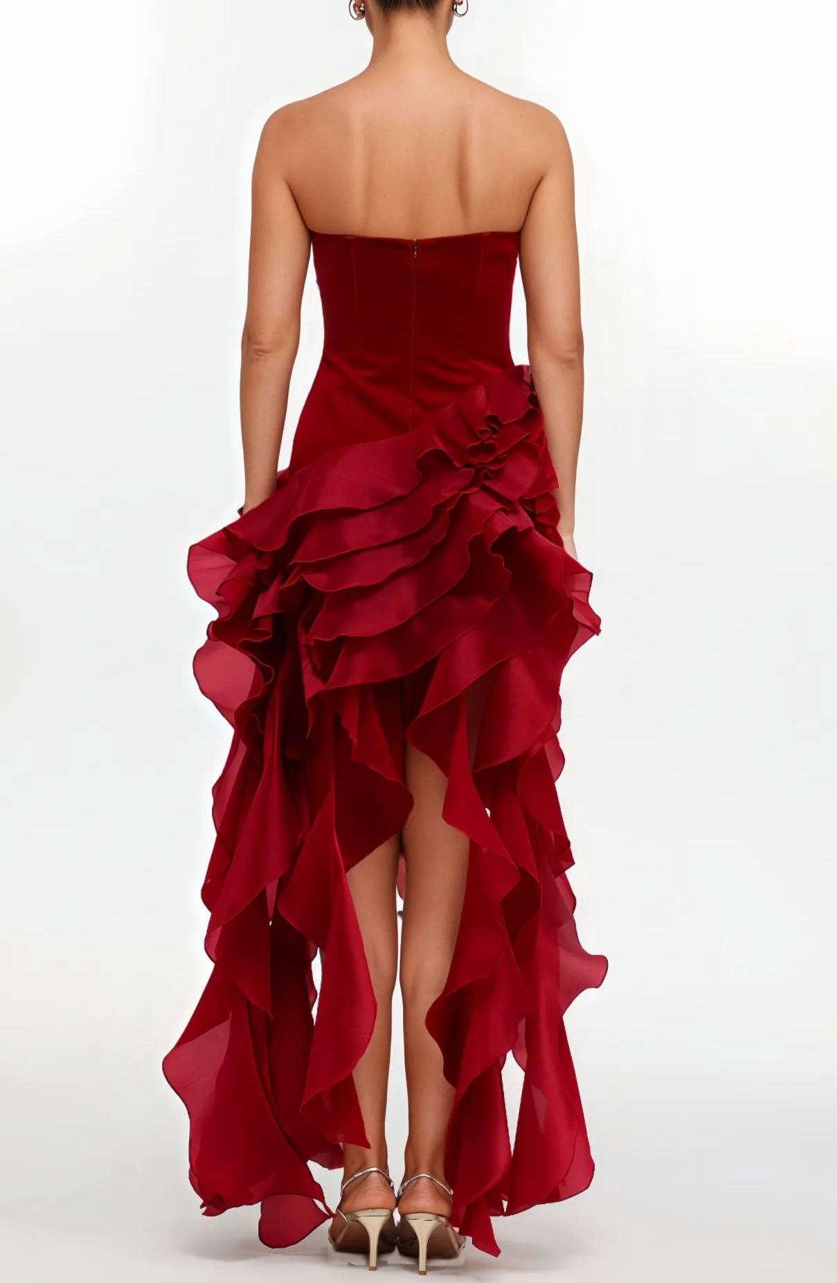 Meagan Red Strapless Ruffled Maxi Dress