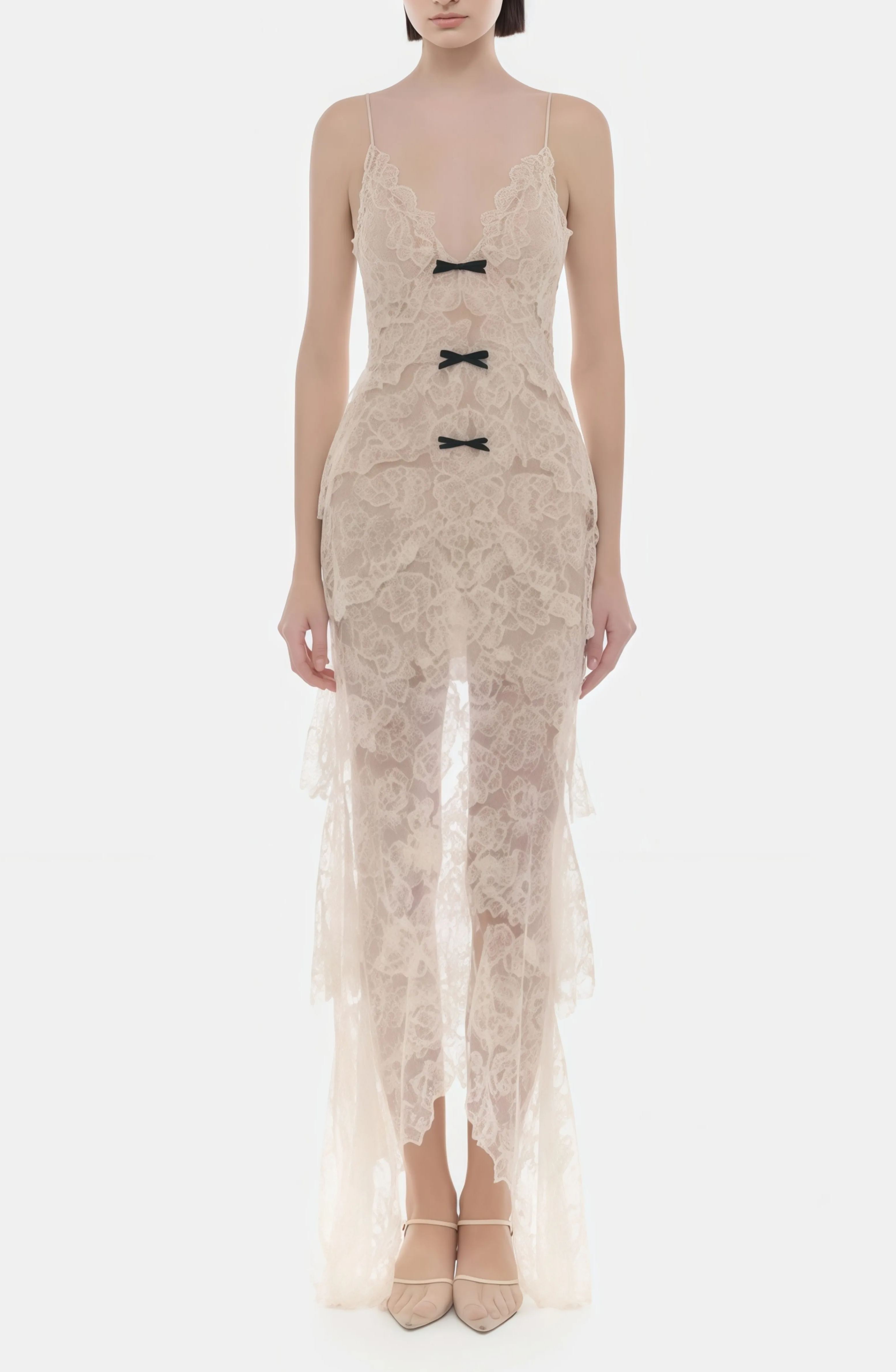 Evangeline Cream Layered Floral Lace Maxi Dress with Bow